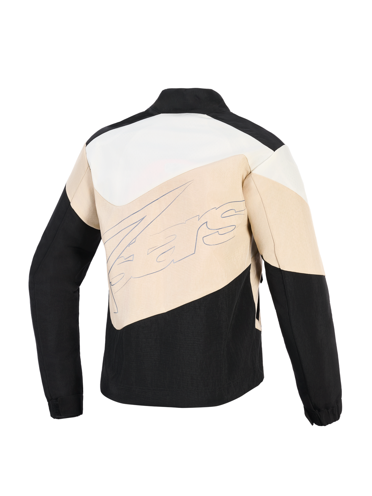 Alpinestars Stella Moshell Jacket, Women's Urban Motorcycle Jacket, Black Sand and Off White, back view featuring asymmetrical color-blocked panels and a large script brand logo across the center.