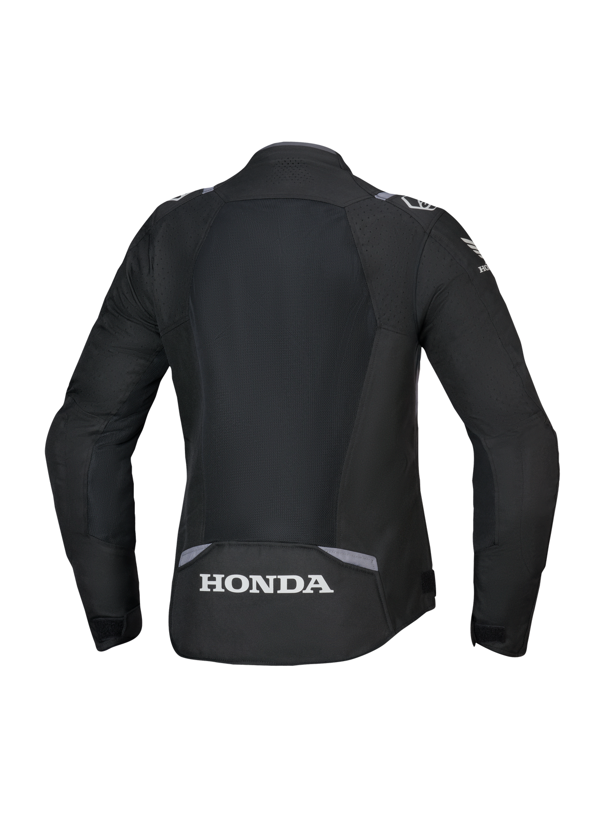 Alpinestars Honda Stella T-SPS Air V2 jakke til kvinder, set bagfra, sort med mørkegrå og isgrå detaljer, med et stort rygpanel i tech-mesh og hvidt Honda-logo nederst på ryggen, performance-orienteret pasform specifikt til kvinder.