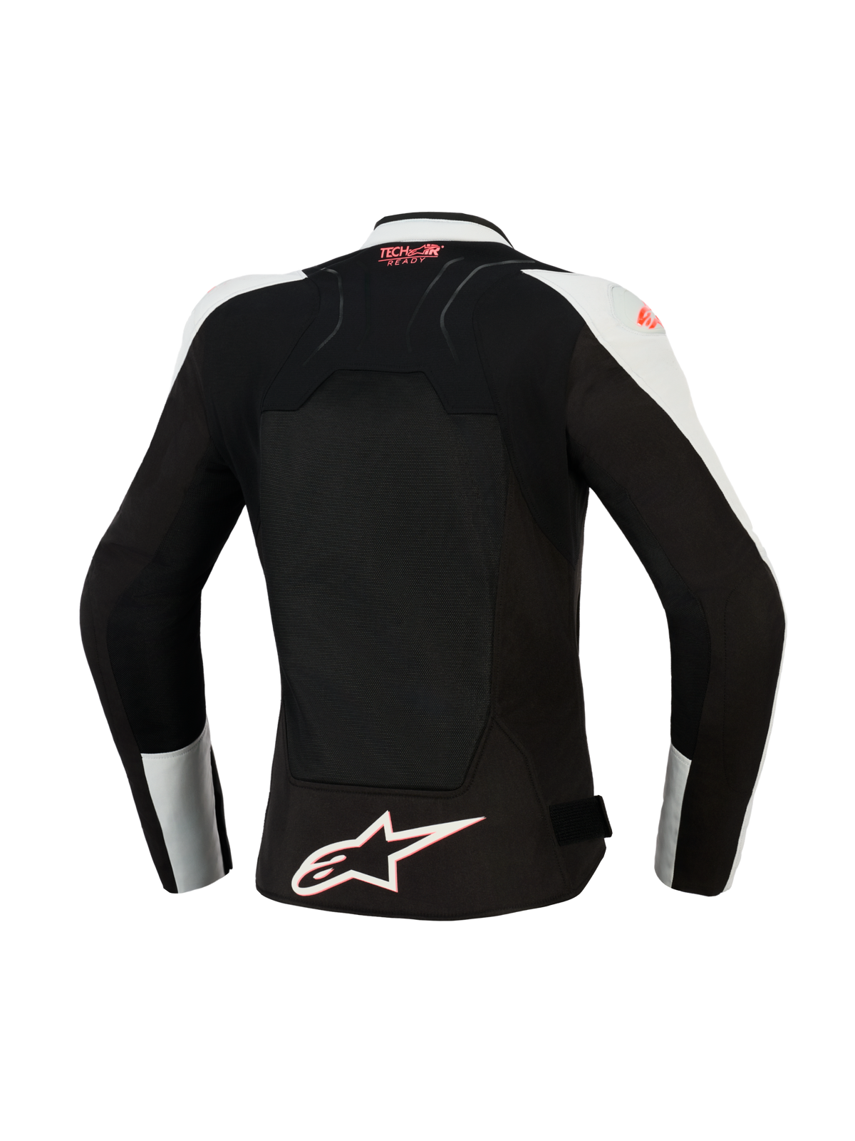 Alpinestars Stella SMX Air damejakke, set bagfra, Ice Gray og sort med Coral Fluo-detaljer, med et stort ventileret mesh-rygpanel, Tech-Air Ready-branding på den øverste del af ryggen og et hvidt Alpinestars-stjernelogo ved kanten.