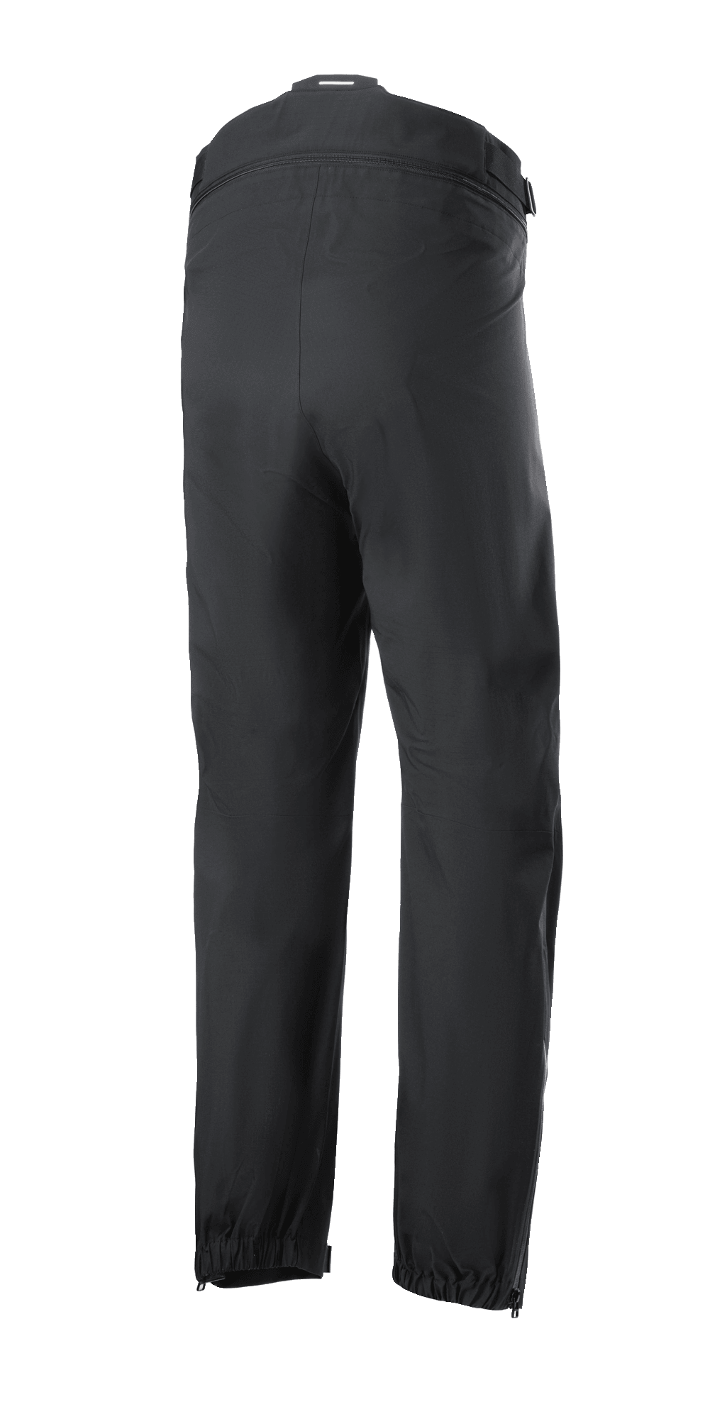 Alpinestars AMT Storm Gear Drystar® XF bukser, sorte motorcykelovertræksbukser, set bagfra med fuld lynlås-taljeforbindelse, elastiske kanter og lynlåsåbninger i benene til kørsel i vådt vejr.