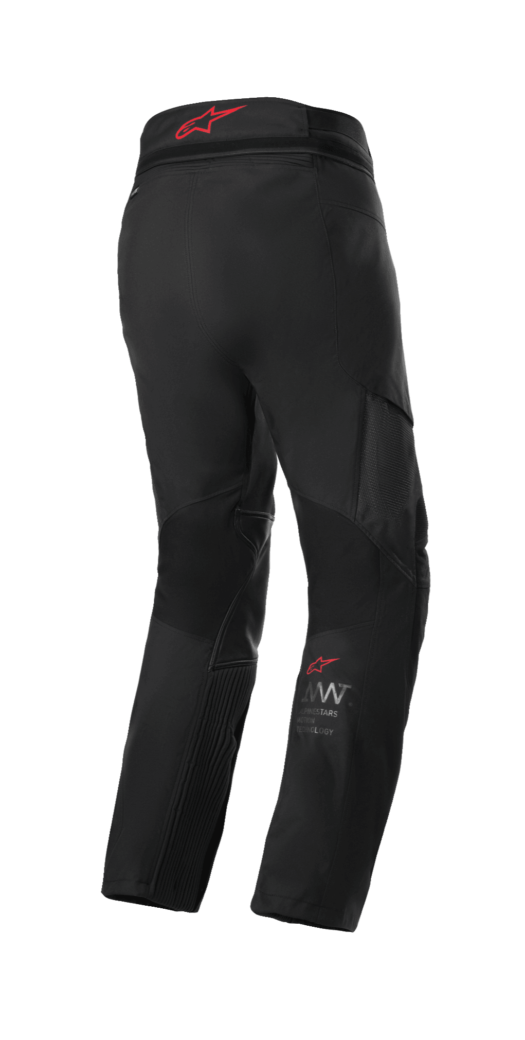 Alpinestars AMT 7 Air bukser, adventure touring-motorcykelbukser, Black Dark Shadow, set bagfra med rødt Alpinestars-logo på linningen, med MATRYX-ventilationspaneler og strækzoner for luftstrøm og komfort