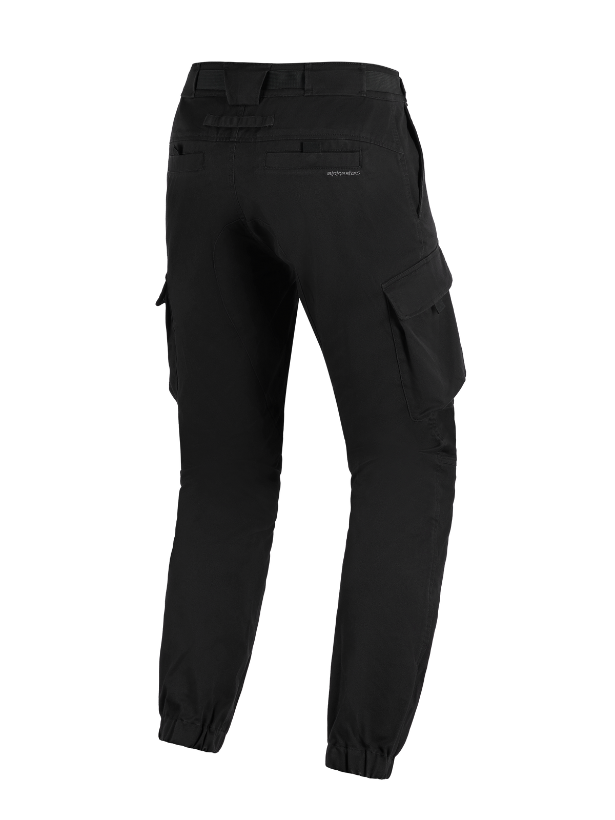 Alpinestars Flex-AST Cargo-bukser - Short, Sort, urbane motorcykelbukser set bagfra, tilspidset pasform, elastiske opslag ved anklerne, cargolommer i siderne og subtilt logo på baglommen.