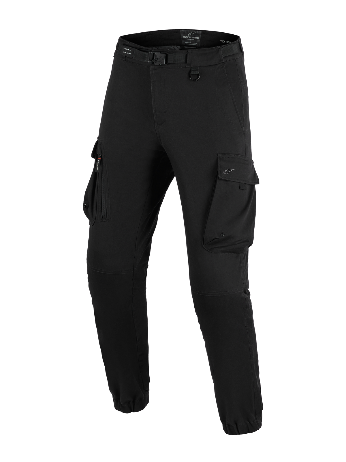 Alpinestars Flex-AST Cargo bukser - Short, urbane motorcykelbukser, sort, regular tapered pasform med elastiske sømme, integreret bælte med spænde, D-ring og store cargolommer på siderne