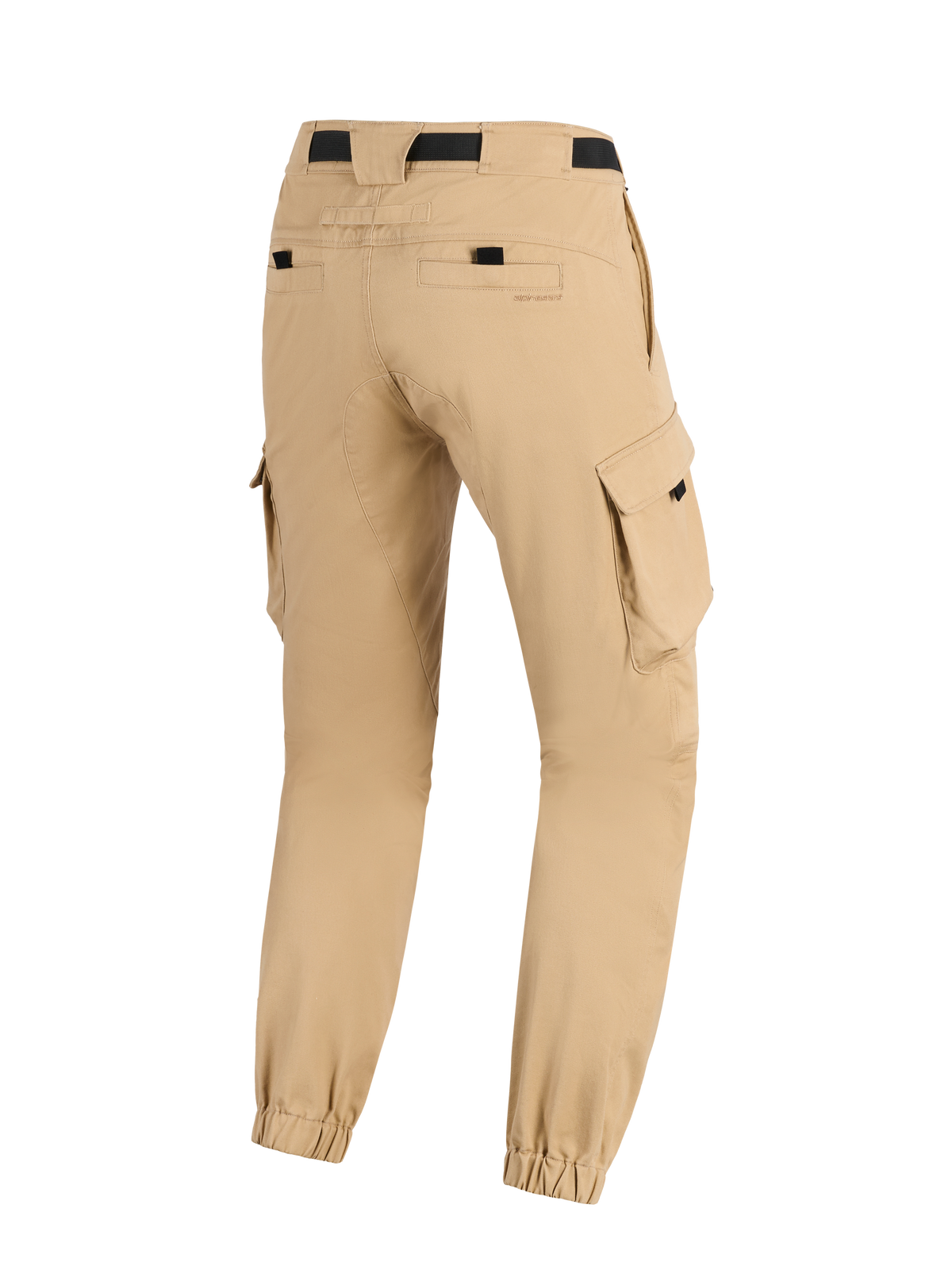 Alpinestars Flex-AST Cargo Pants, Light Beige, Motorcycle Pants, rear view showing tapered legs with elasticated hems, side cargo pockets, and black waist strap, urban military-inspired design