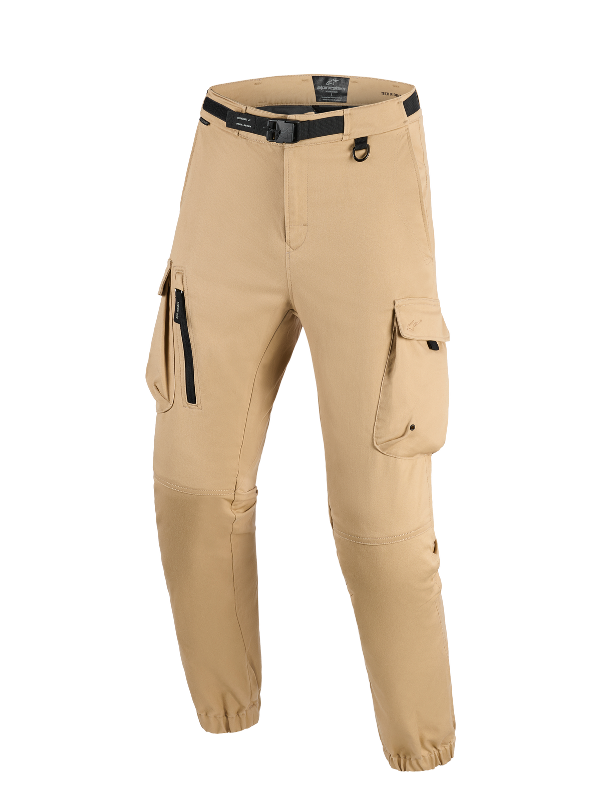 Alpinestars Flex-AST Cargo bukser - Short, lys beige, urbane motorcykelbukser med cargo-design med flere lommer, integreret sort bælte med spænde, D-ring og elastiske opslag for en tilspidset pasform