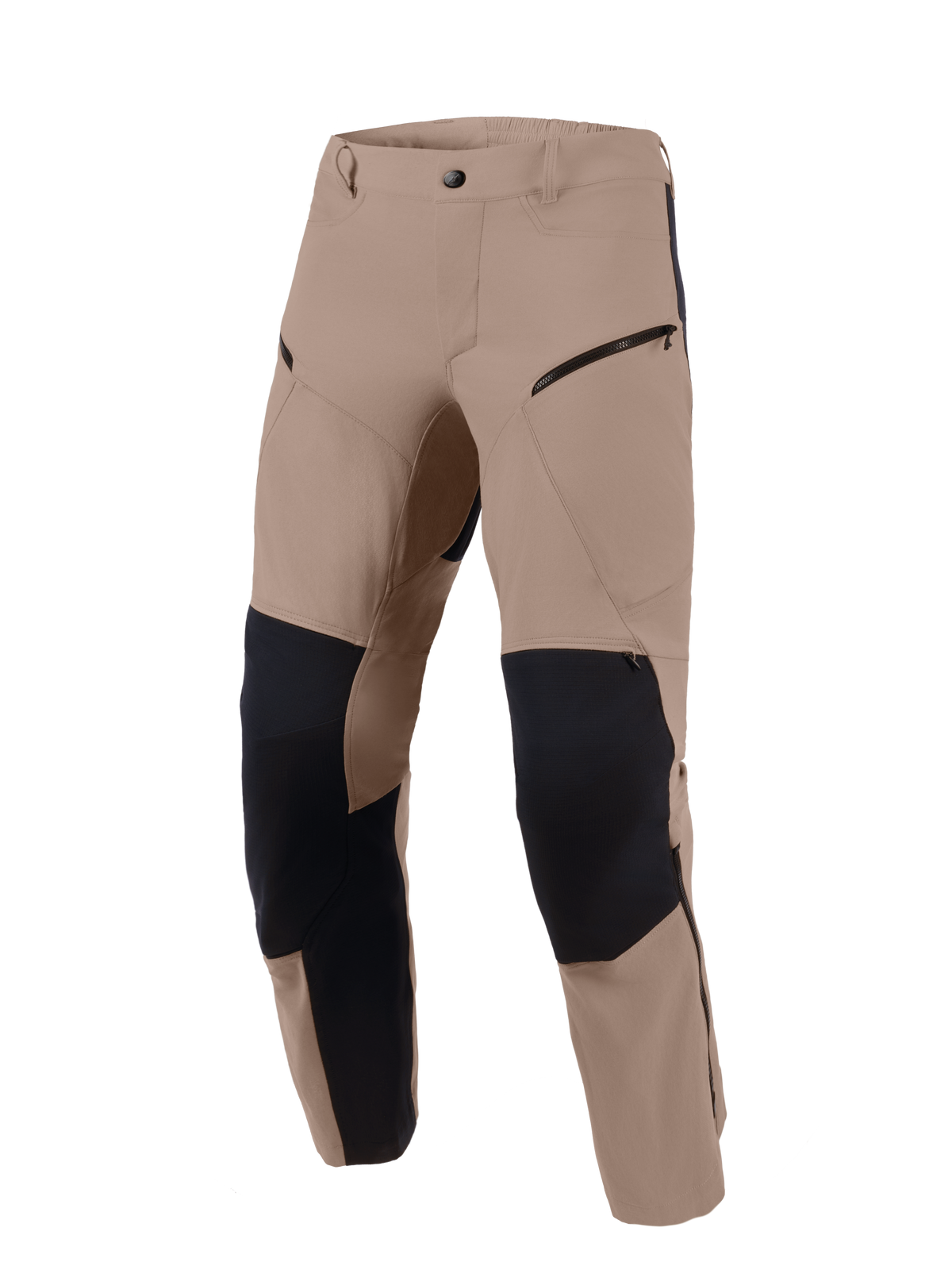 Alpinestars Flex-AST Explorer Pants, Walnut Black, adventure motorcycle pants featuring walnut brown stretch textile with black ripstop reinforcement panels on the knees and inner legs, zippered cargo pockets, and a durable design for diverse terrains.