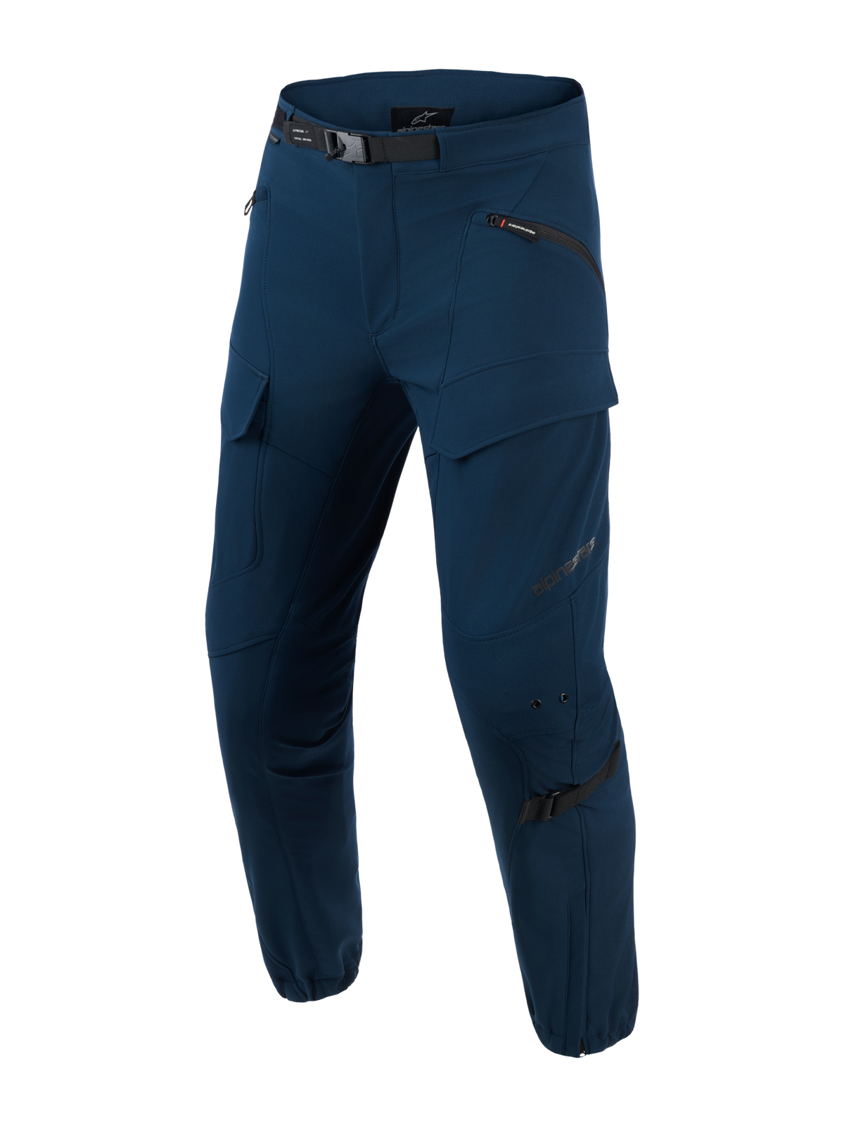 Alpinestars Juggernaut V2 Riding Pants, Urban Motorcycle Pants, Night Navy, dark blue technical riding pants with multiple zippered pockets, adjustable black waist belt, reinforced knee areas with adjustment straps, slim fit design with zippered cuffs, softshell ripstop fabric for urban commuting