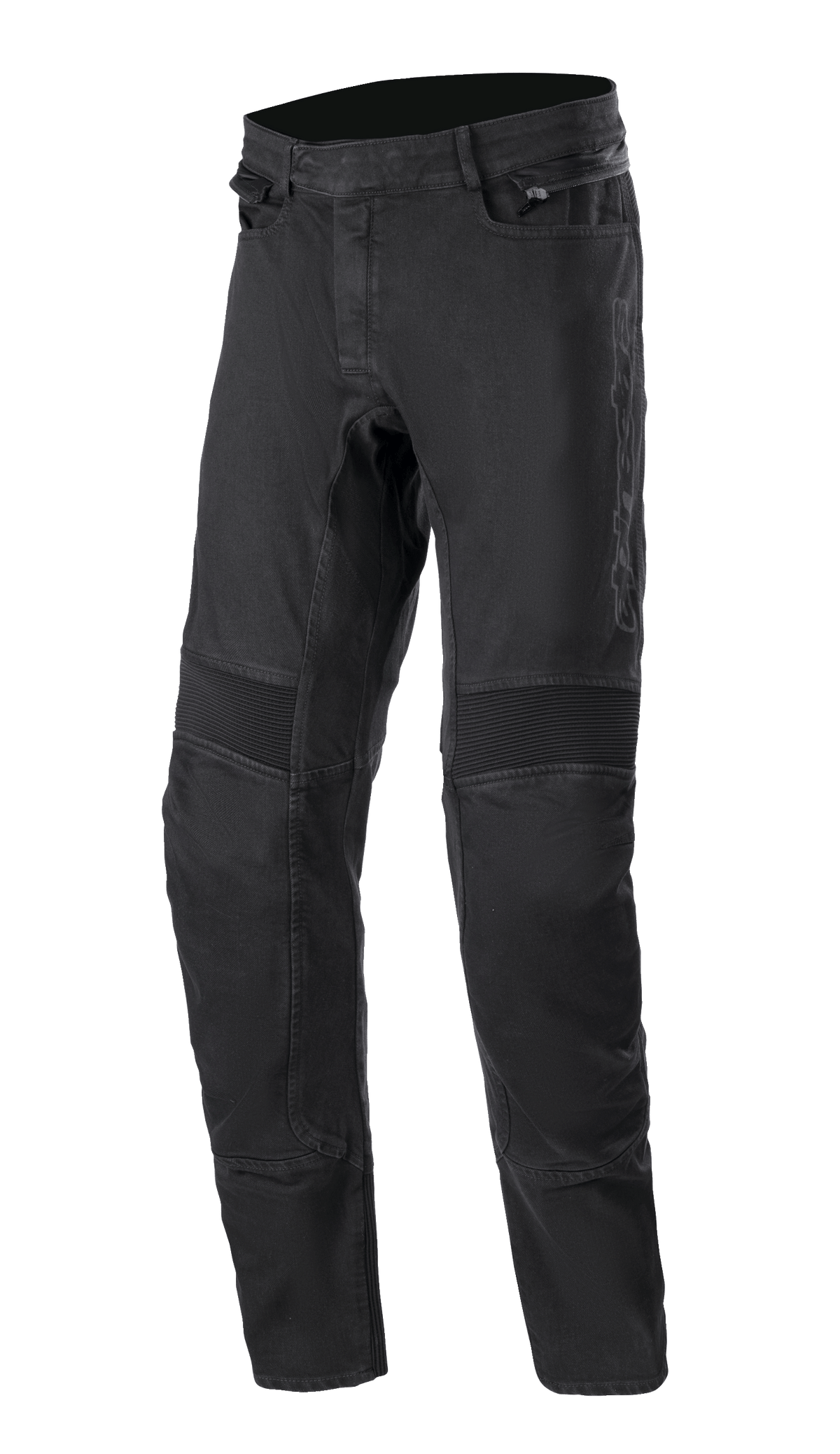 Alpinestars SP Pro bukser, tekniske motorcykelbukser, sort, slim fit stretch-denim med ribbede harmonika-fleksibilitetspaneler på knæene, sidelommer med lynlås og slidstærke tredobbelte syninger
