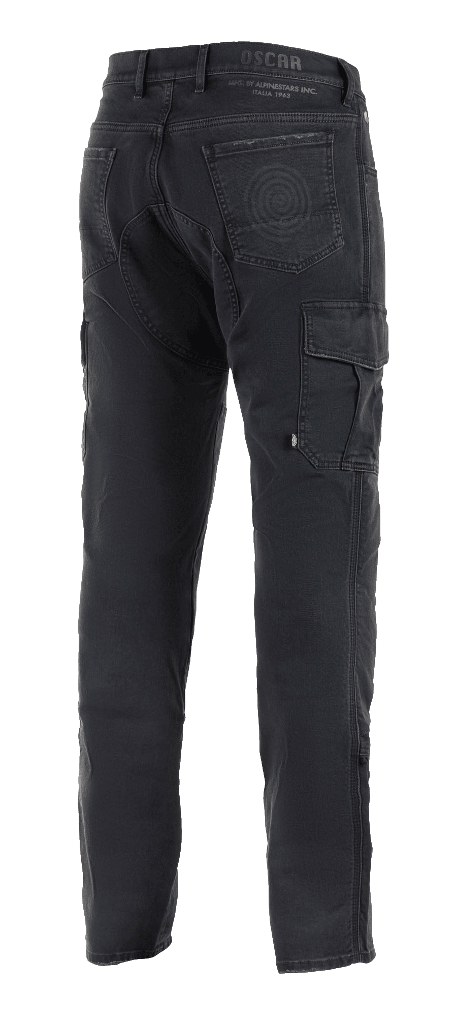 Alpinestars Barton Riding Cargo bukser, sorte motorcykelbukser, set bagfra med cargolomme på siden, baglommer med spirallogo-detalje, Oscar by Alpinestars branding på linningen, afslappet strikket stof i denim-stil.
