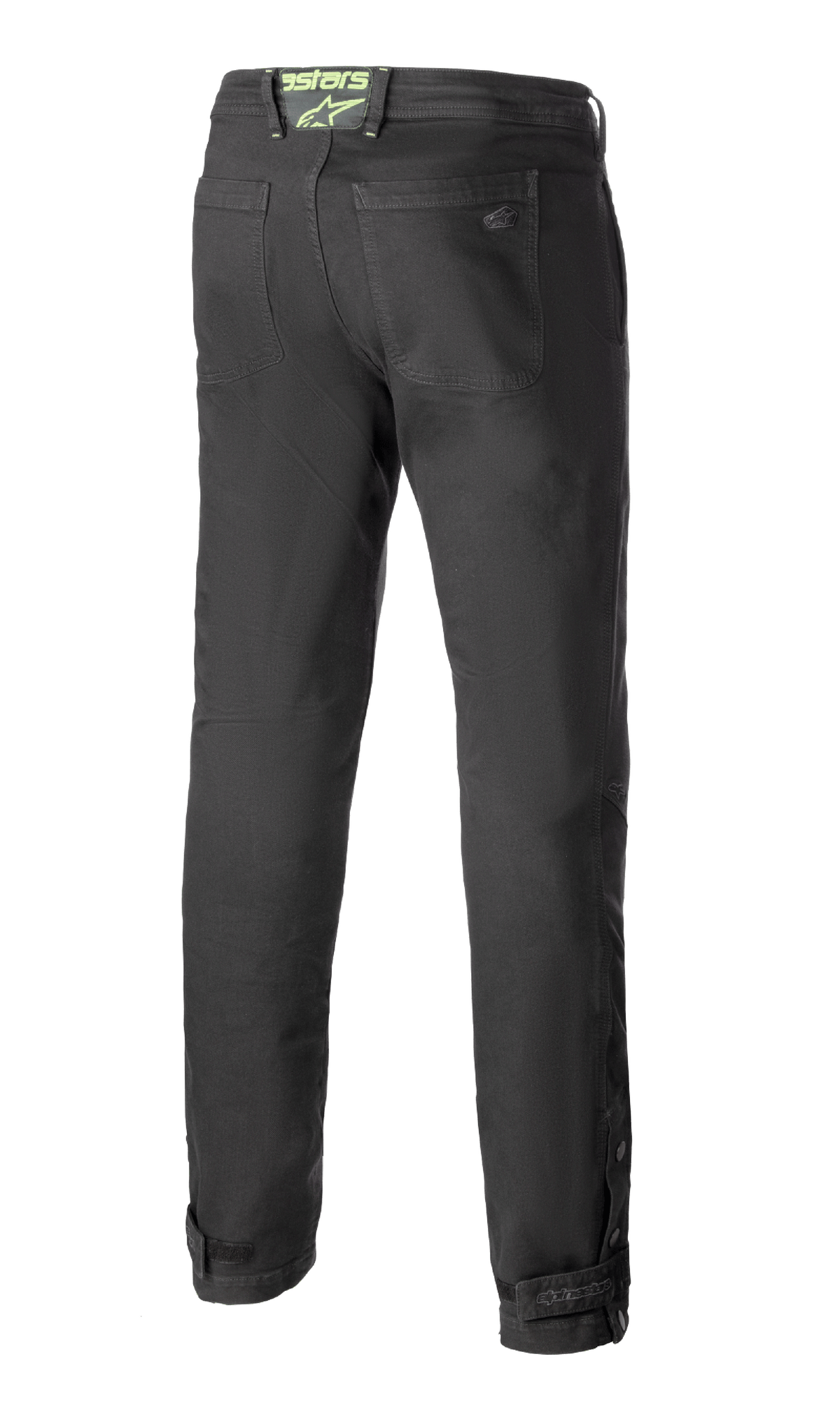 Alpinestars Stratos Regular Fit Tech kørebukser, motorcykelbukser, antracitgrå, set bagfra med afsmalnende pasform, baglommer, neongrønt Alpinestars-logo på linningen, justerbare lukninger ved læggen