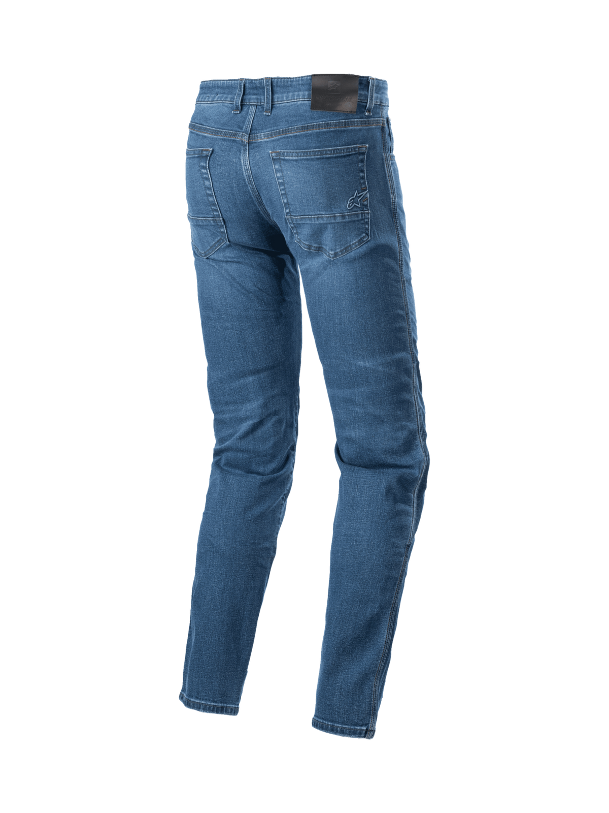 Alpinestars Radon Regular Fit jeans, blå motorcykeljeans til herrer, set bagfra med logosyninger på lommerne.