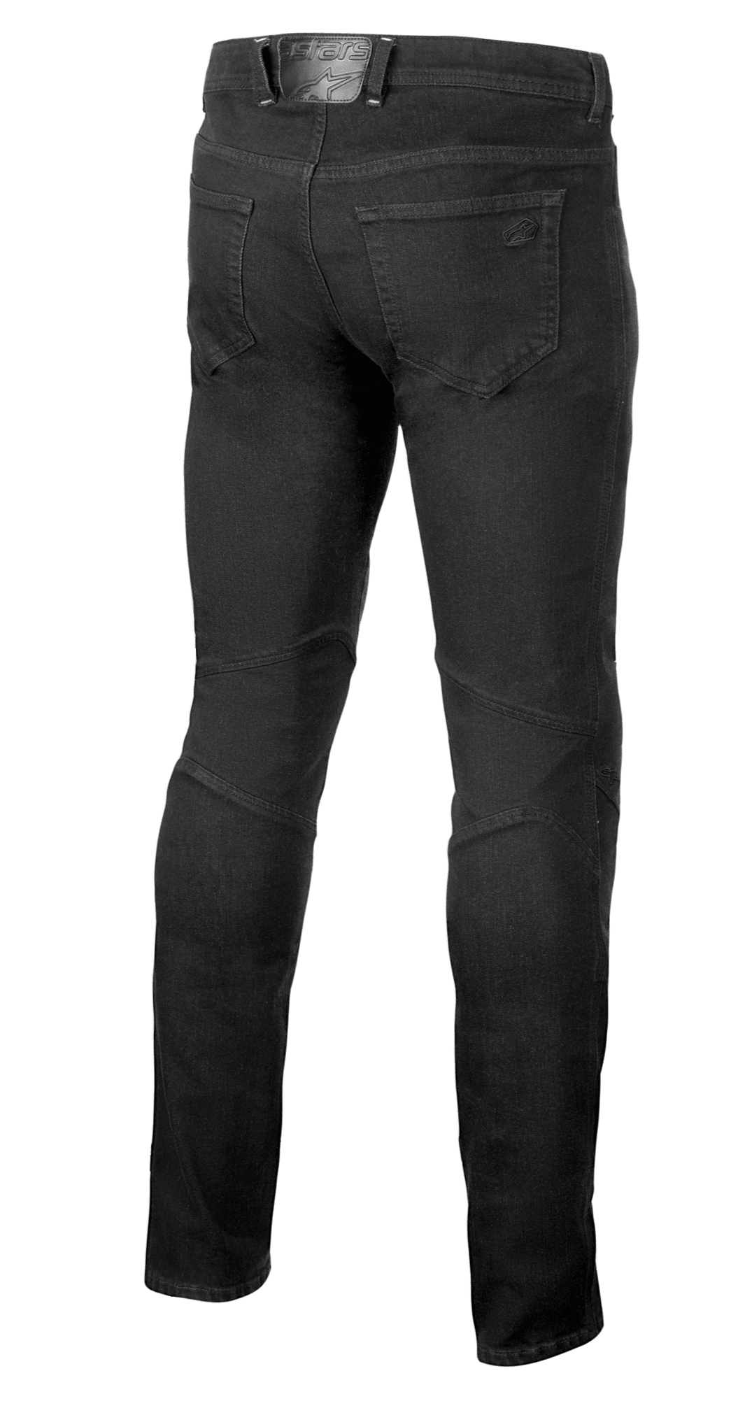 Alpinestars Radium V2 Denim Pants, Motorcycle Riding Jeans, Black Rinse, rear view showing five-pocket styling, tonal branding on the back pocket and waistband patch, and engineered stitching on the back of the knees for a tapered fit