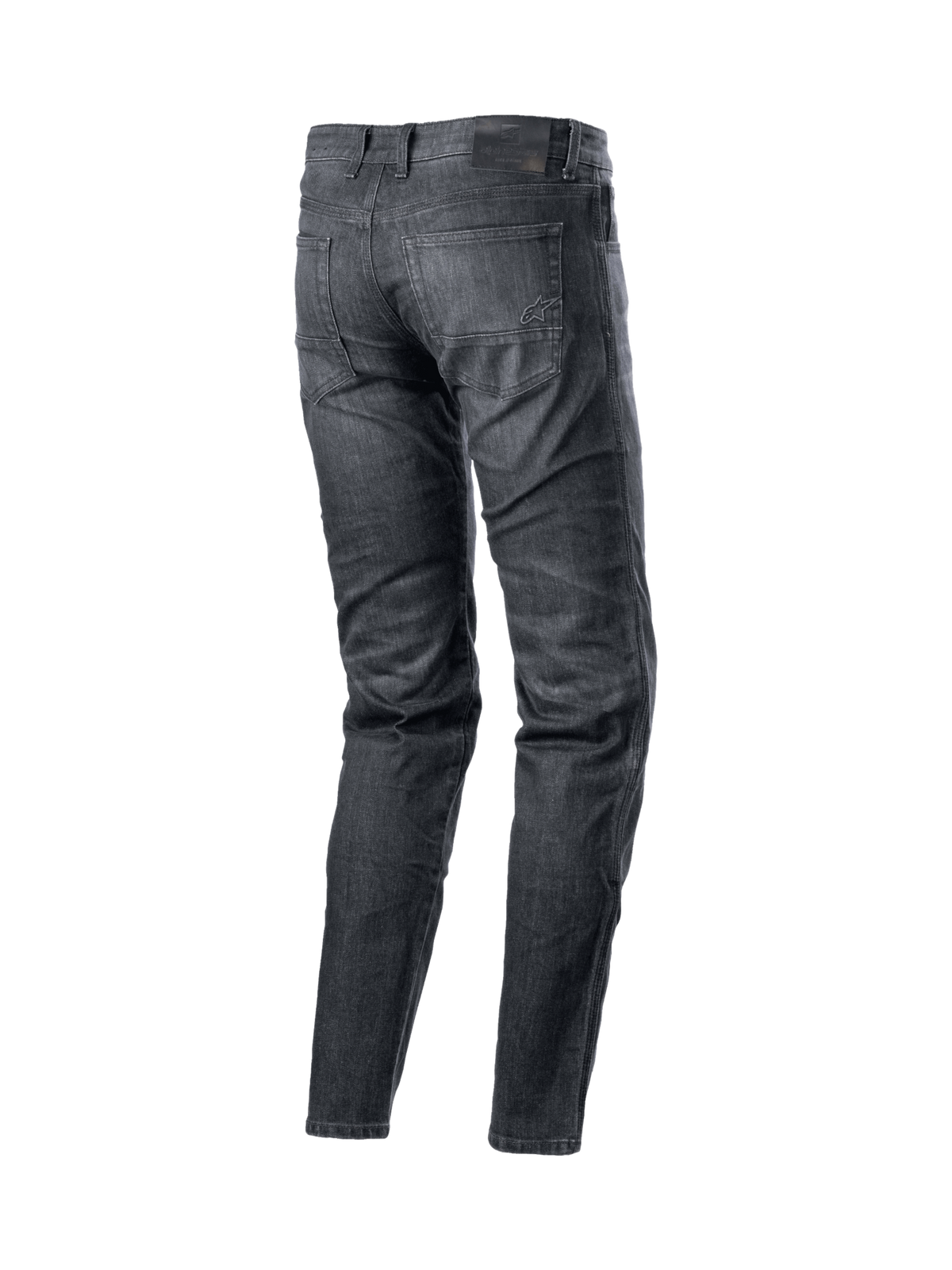Alpinestars Sektor Regular Fit Jeans, herre-motorcykeljeans, sort vasket denim, set bagfra med Nucleon Plus knæbeskyttere