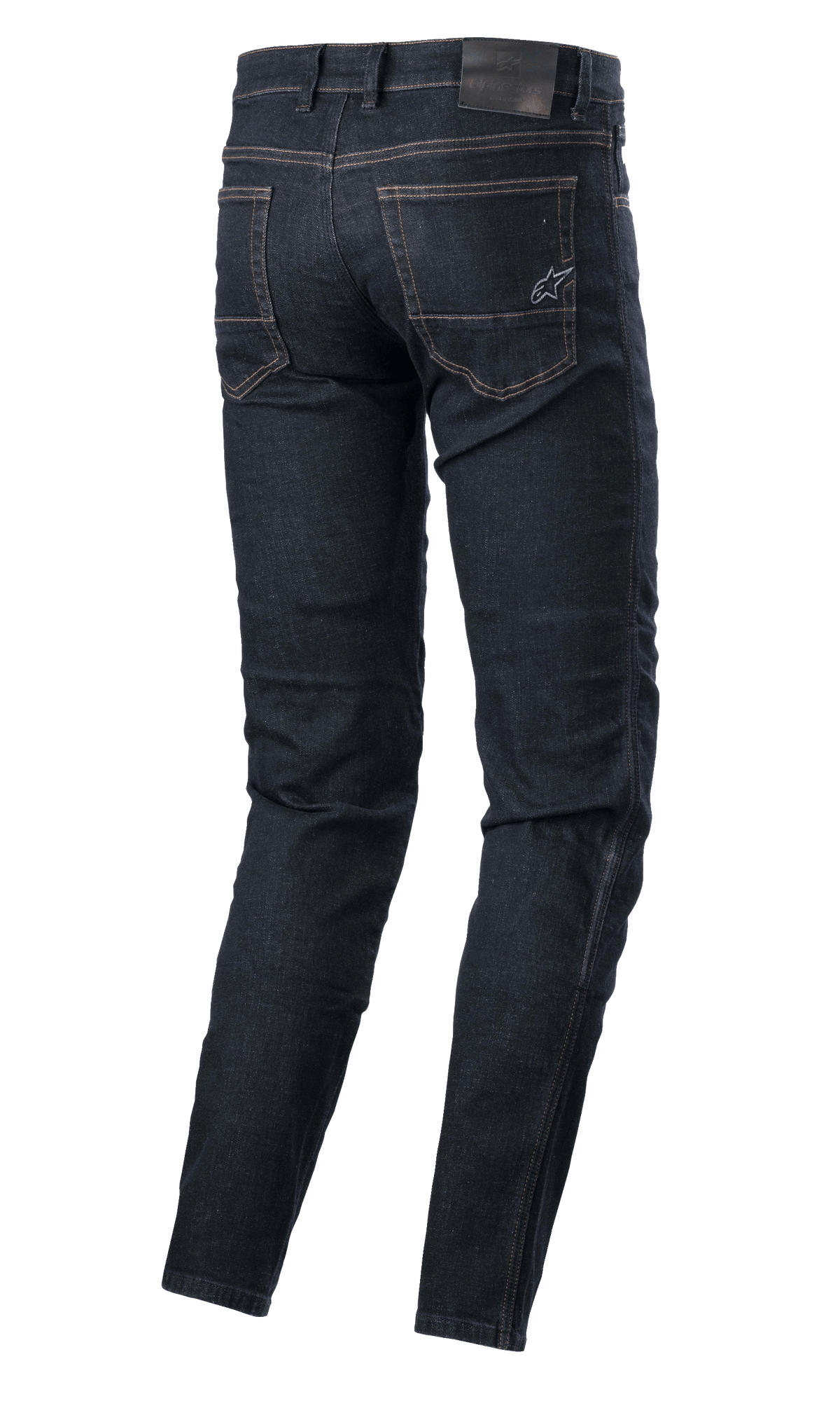 Alpinestars Sektor Regular Fit Denim, tekniske motorcykelbukser, Rinse Blue, set bagfra med baglommer med broderet stjernelogo, læderpatch i taljen og tredobbelte sømme, urbant motorcykeltøj