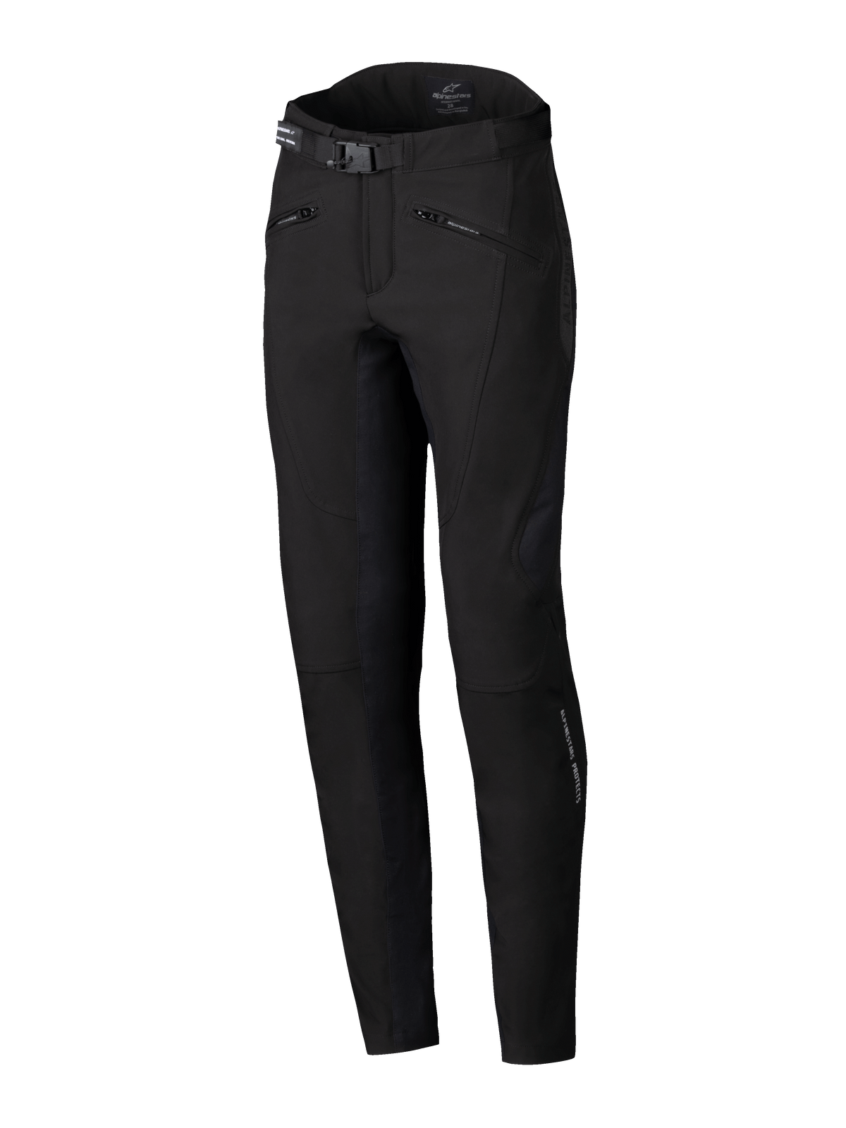 Alpinestars Alamosa Women Pants, urban motorcycle pants, Black, slim performance fit, featuring a waist belt with buckle, zippered hand pockets, and ergonomic technical stretch softshell fabric, minimalistic streetwear-inspired design
