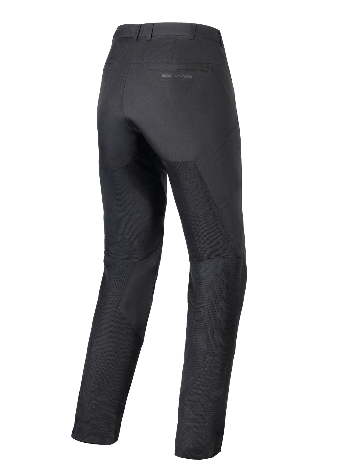Alpinestars Stella C-1 Air bukser til damer, sorte motorcykelbukser, set bagfra, store tech mesh-paneler på benene for luftgennemstrømning, strømlinet urbant design med diskret branding på baglommen