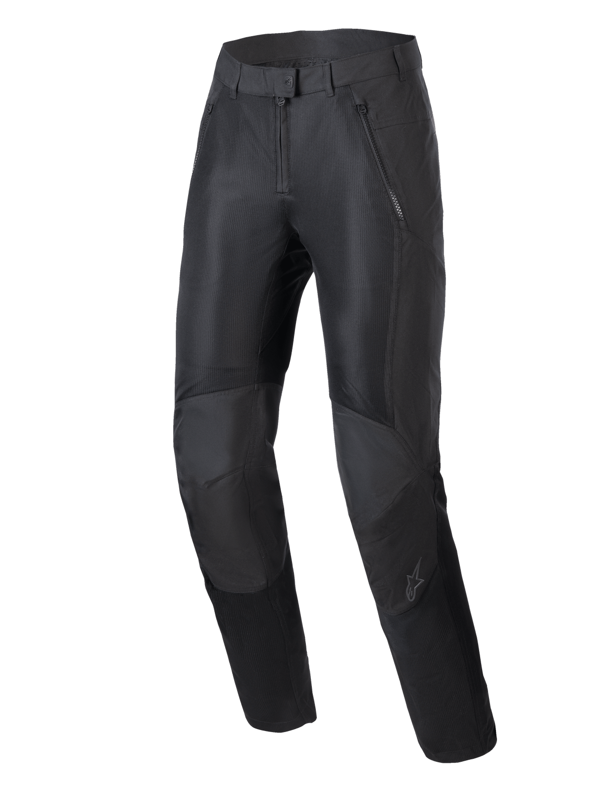 Alpinestars Stella C-1 Air bukser, urban motorcykelbukser til damer, sort, med store mesh-ventilationspaneler på forsiden, holdbar polyfabric-konstruktion og ergonomisk knædesign med integreret beskyttelse.