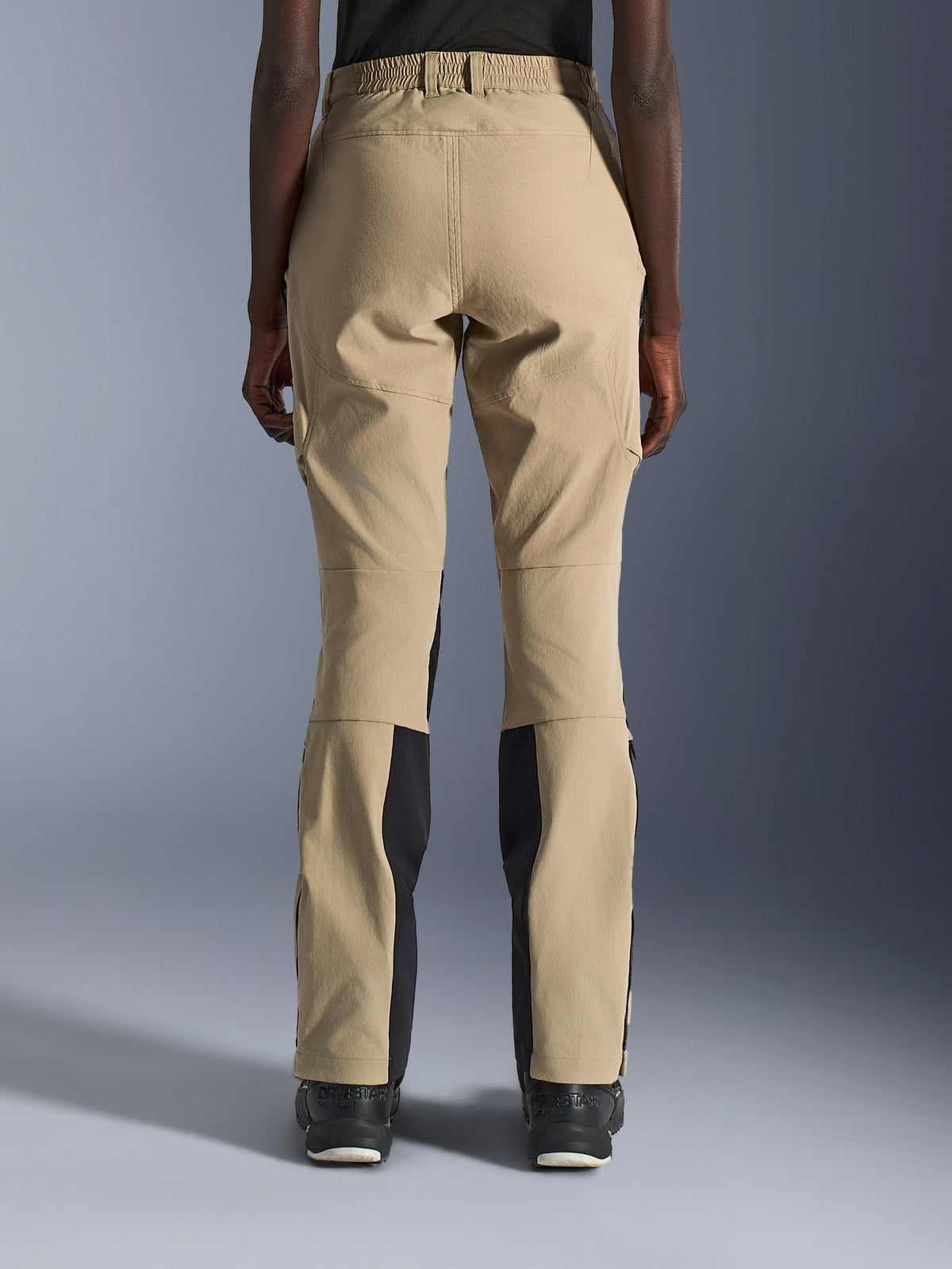Alpinestars Stella Flex-AST Explorer Pants, Women's Motorcycle Pants, Sand and Black, back view showing stretch ripstop construction, elasticated waistband, and reinforced seat panels, adventure touring gear.