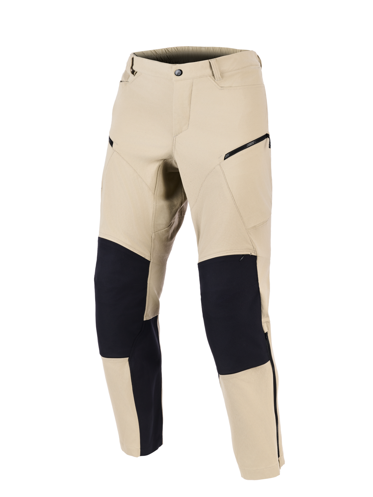 Alpinestars Stella Flex-AST Explorer Pants, Women's Motorcycle Pants, Sand and Black, front view featuring reinforced black knee panels, zippered cargo pockets, and a streamlined textile design for adventure touring