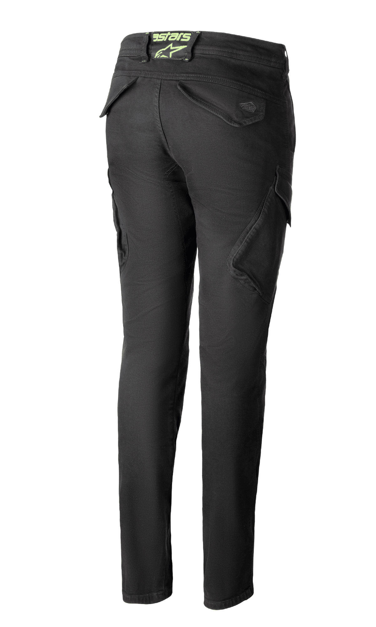 Alpinestars Caliber Tech Riding Denim til kvinder i Anthracite, set bagfra, slim fit bukser i kampstil med funktionelle cargolommer og et limegrønt astars-logo bagpå i taljen.
