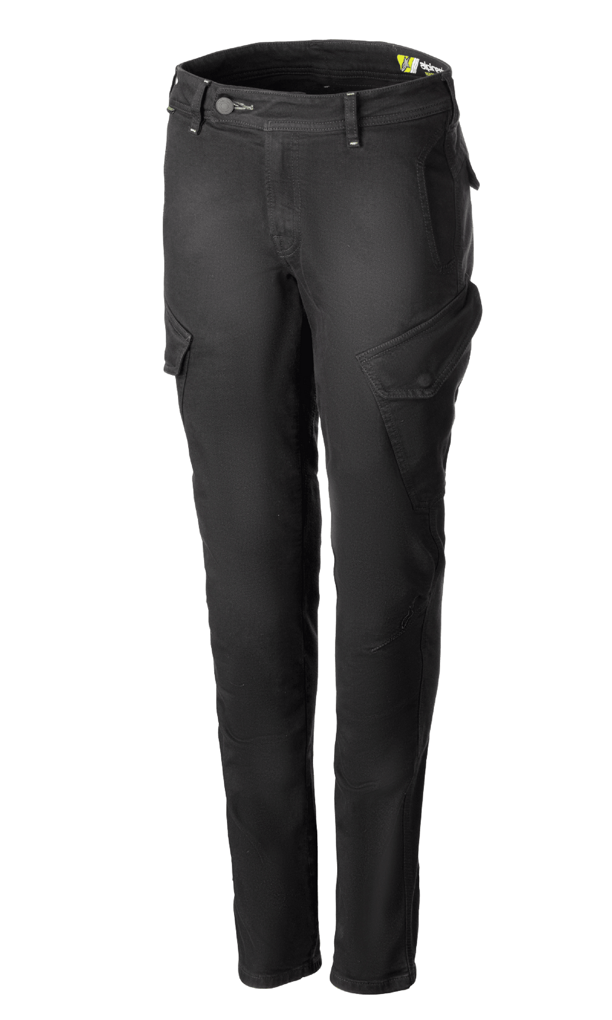 Alpinestars Caliber Women's Tech Riding Denim, antracitgrå motorcykel cargobukser, slim-fit silhuet med vinklede sidelommer med klap, bælteløkker og knap- og lynlåslukning, slidstærkt stretch Cordura-denim, urbant beskyttende køreudstyr.