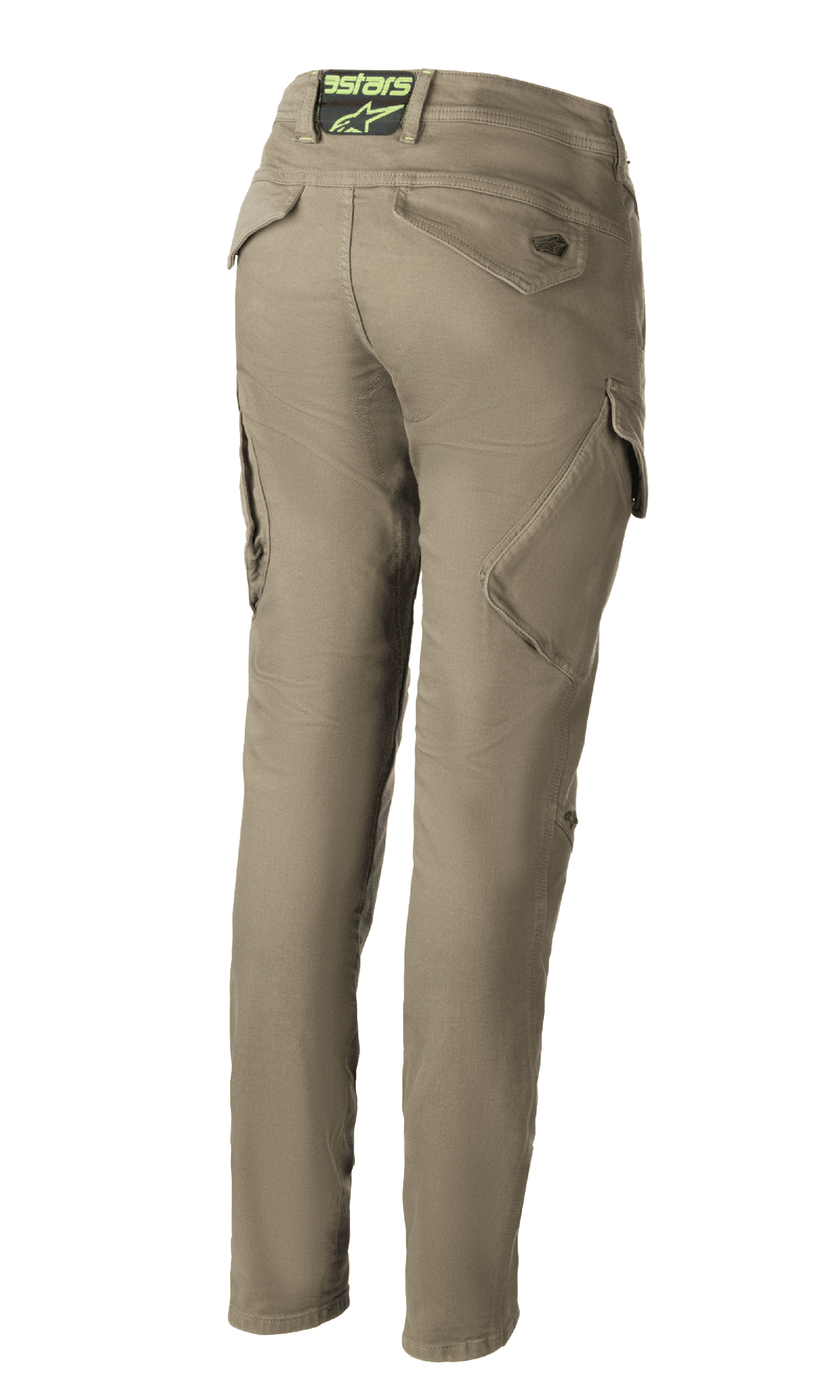 Alpinestars Caliber Tech Riding Denim til damer, militærgrønne motorcykelbukser, set bagfra, slim fit kamp-design med vinklede cargolommer, Astars-logo på den bageste linning, slidstærkt Cordura-stof