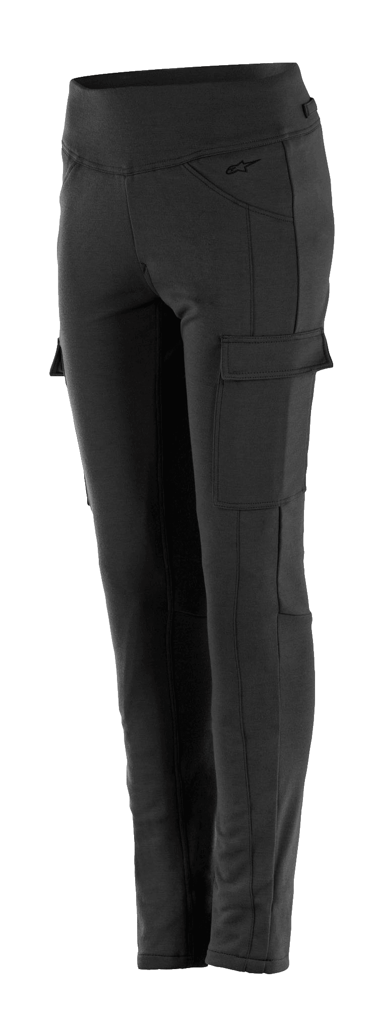 Alpinestars Iria Leggings til damer, sorte motorcykel leggings, høj talje, slank pasform, cargolomme på siden med klaplukning, diskret logo på hoften, slidstærk tekstilkonstruktion til bykørsel