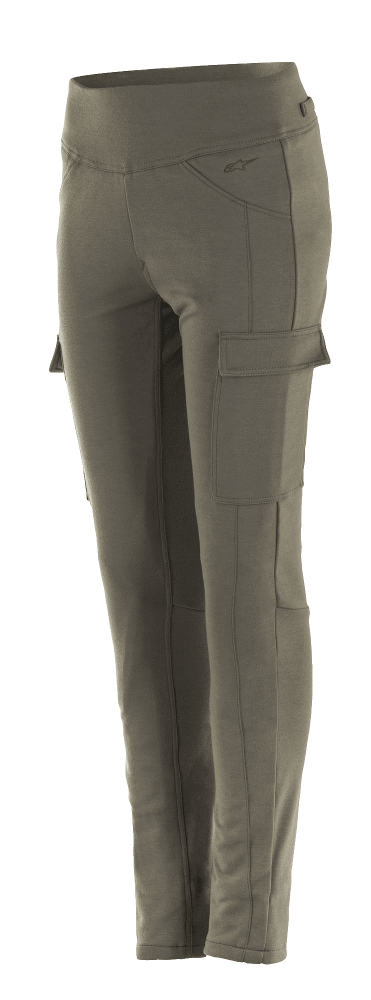 Alpinestars Iria Leggings til damer, Military Green motorcykel-leggings, slim fit med cargolommer på siderne, bred elastisk talje, anatomisk profileret udstyr til bykørsel