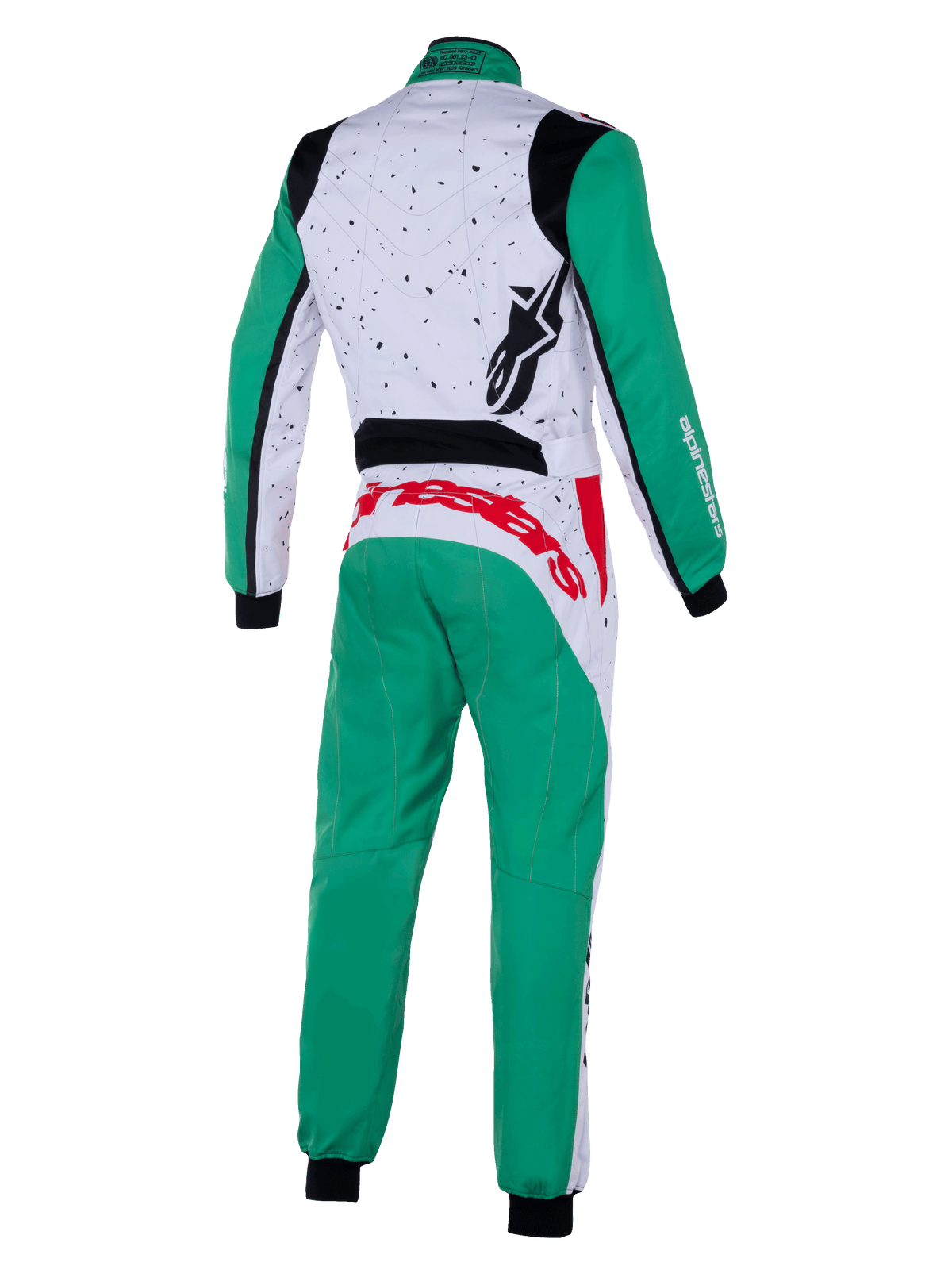 Alpinestars KMX-9 V3 Graphic 6 Suit, Karting Suit, White Green and Red, Rear View, featuring a speckled graphic pattern on the upper back, green legs and sleeves, bold red branding on the lower back, and black stretch panels