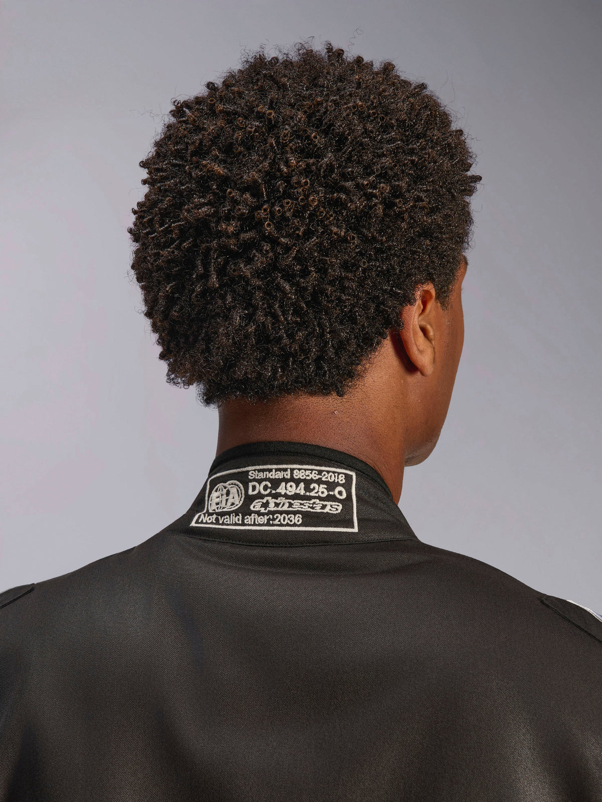 Alpinestars GP Race V3 Suit FIA, Black racing suit, close-up of the back neckline, featuring FIA 8856-2018 certification patch, detailed view of safety homologation and Alpinestars logo, high-performance motorsport gear