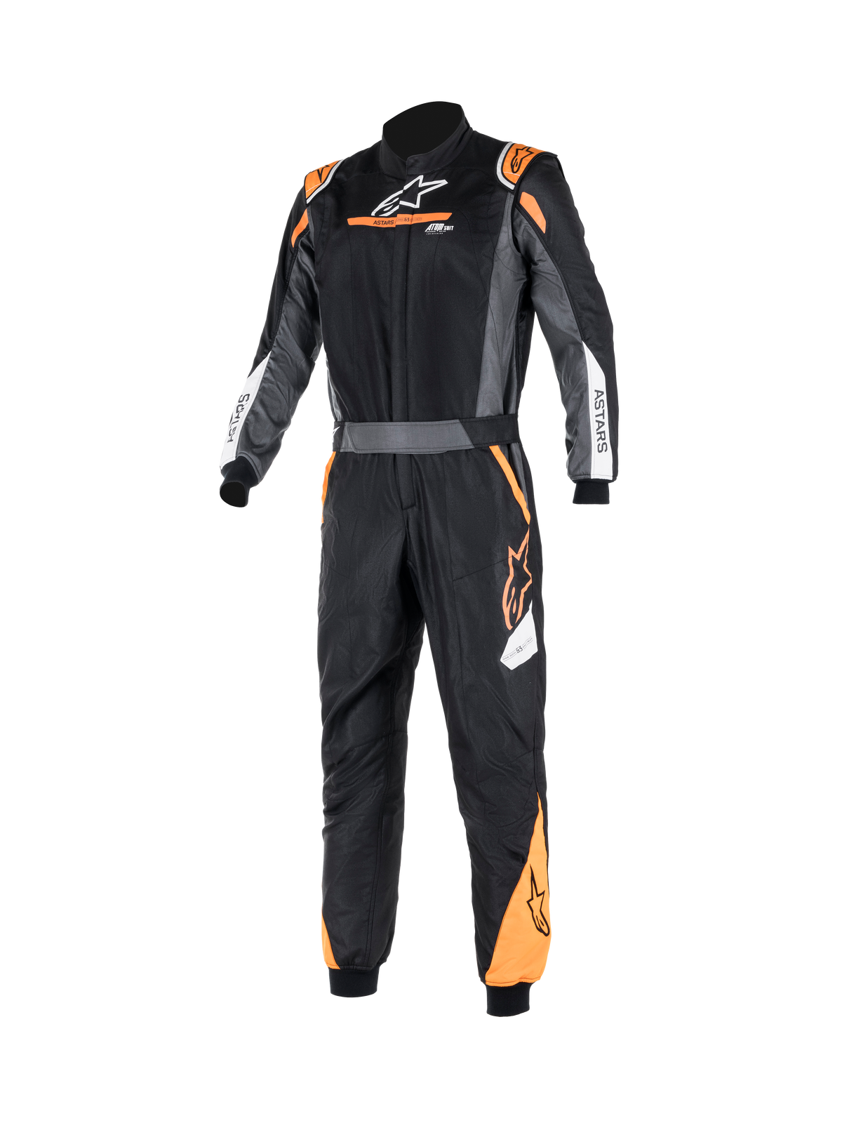 Alpinestars Atom Graphic køredragt, 1-delt FIA-autoracerdragt i sort, antracit og fluo-orange, set forfra med flammebestandig aramidkonstruktion, bælte i taljen og ASTARS-branding.