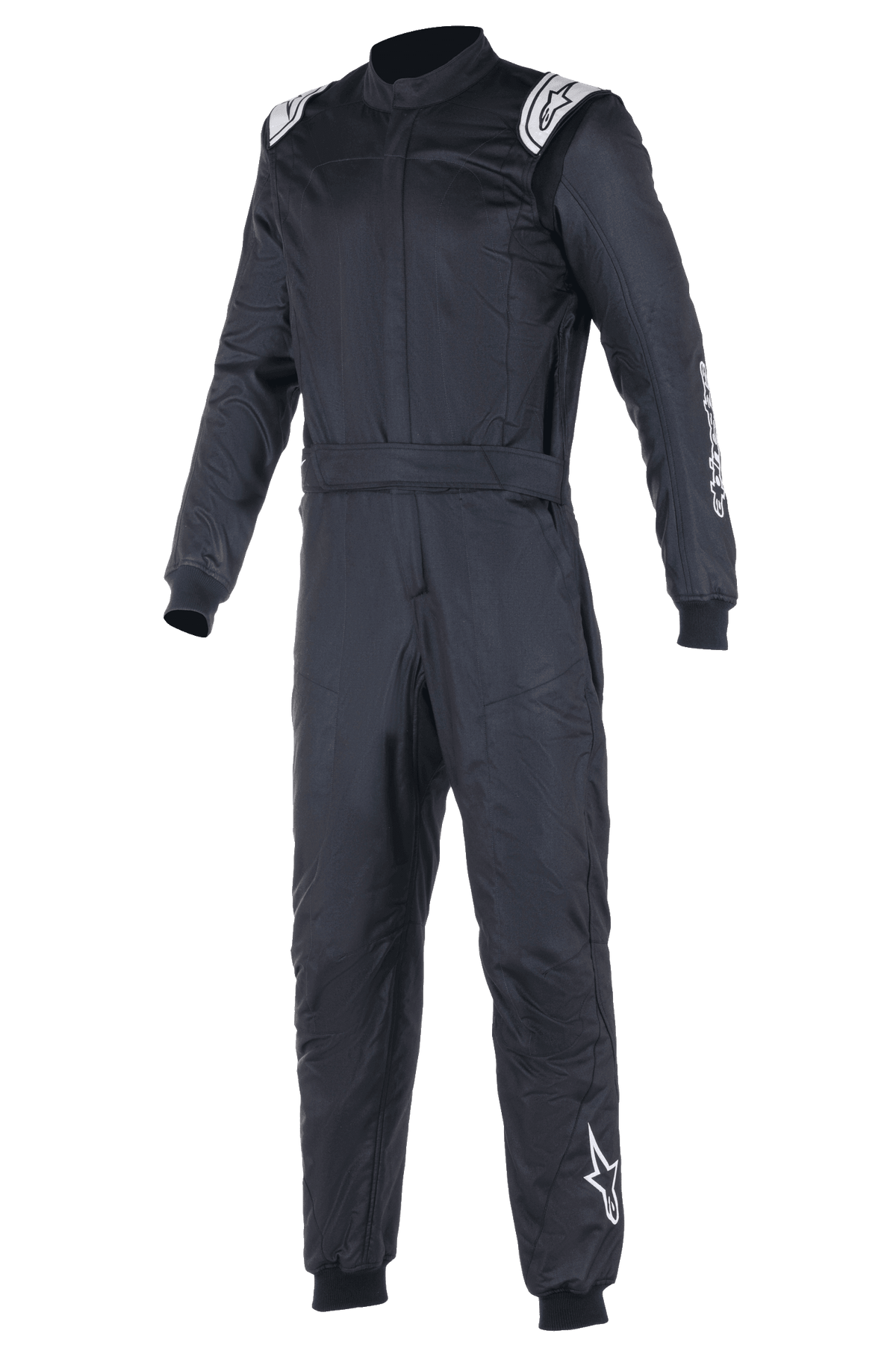 Alpinestars Atom FIA Suit, Black Auto Racing Suit, one-piece design featuring white Alpinestars logos on shoulders and left leg, high collar with ribbed cuffs and waist belt, professional motorsport and racing apparel
