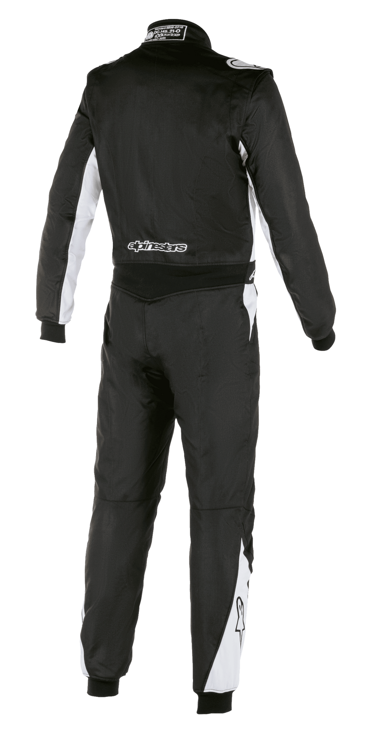 Alpinestars Atom FIA-dragt, autokøredragt, sort og sølv, set bagfra, med hvide detaljer på ærmer og ben, Alpinestars-logo på lænden, holdbar aramidkonstruktion til professionel motorsport