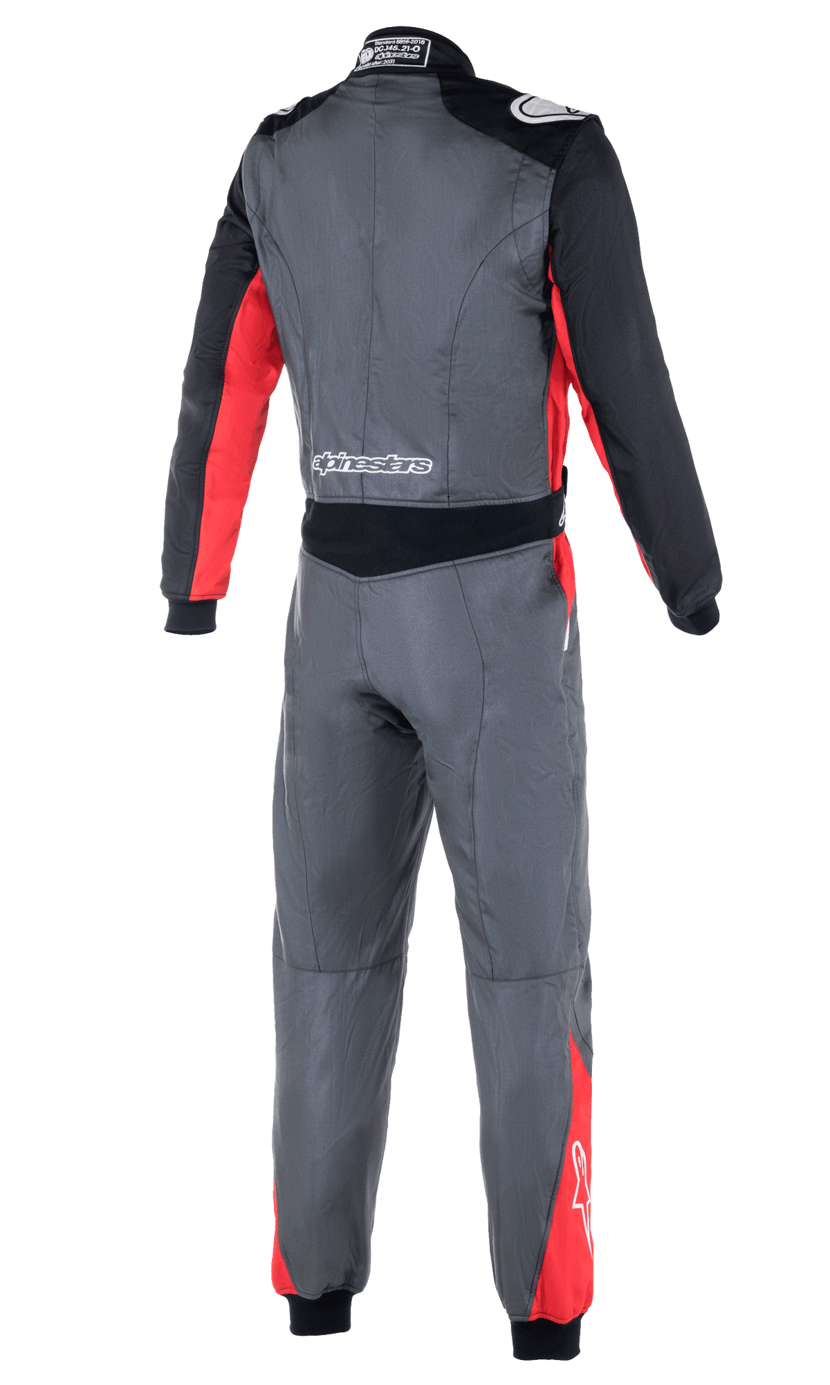 Alpinestars Atom FIA Suit, Auto Racing Suit, Anthracite Red and Black, back view showing stretch waist panels, shoulder epaulettes, and Alpinestars branding on the lower back and shoulders.