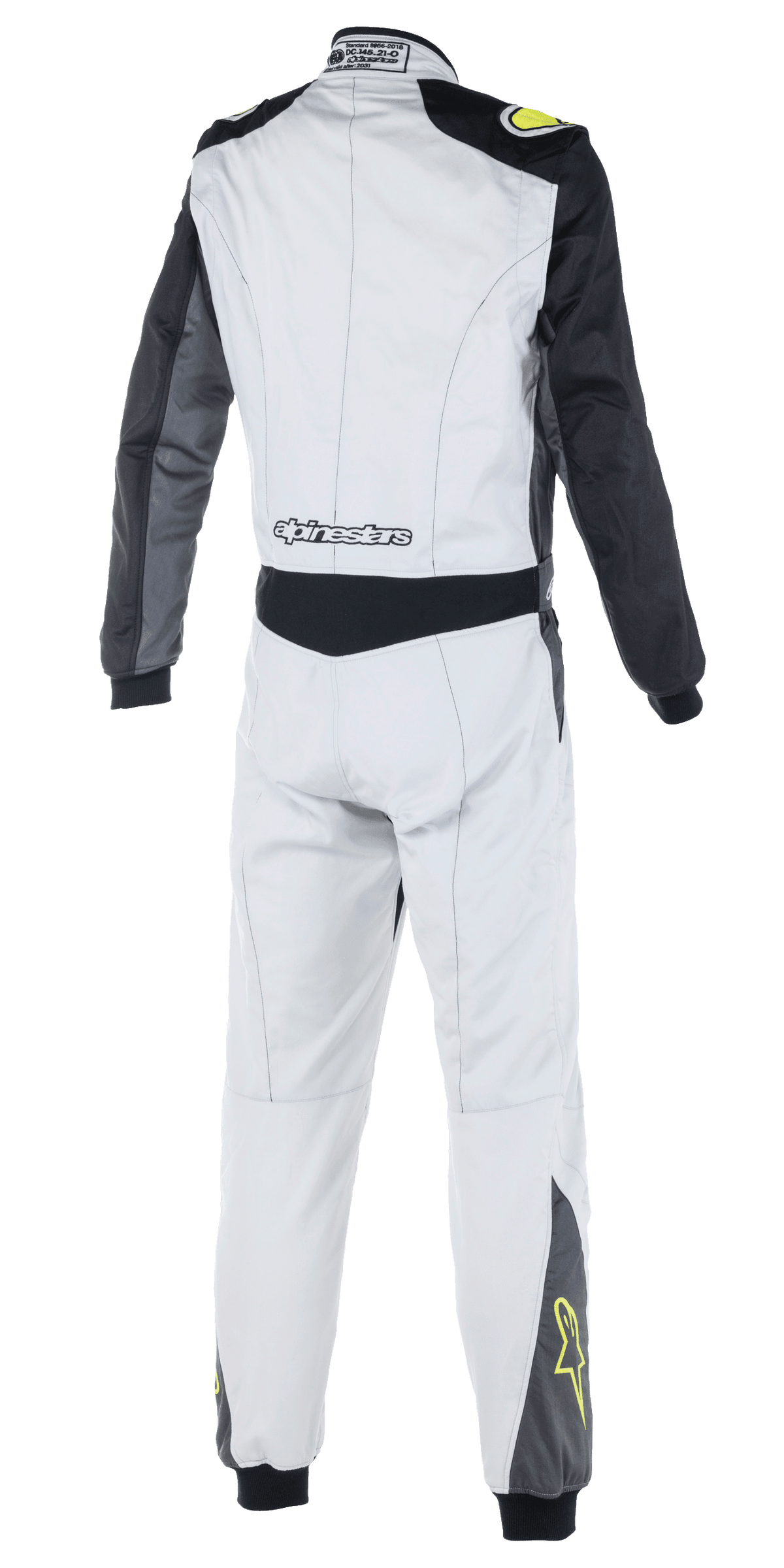 Alpinestars Atom FIA Suit, Auto Racing Suit, Silver, Anthracite and Yellow Fluo, rear view showing black sleeves and waist panel, Alpinestars branding on lower back, yellow star logos on lower legs, FIA certified motorsport apparel