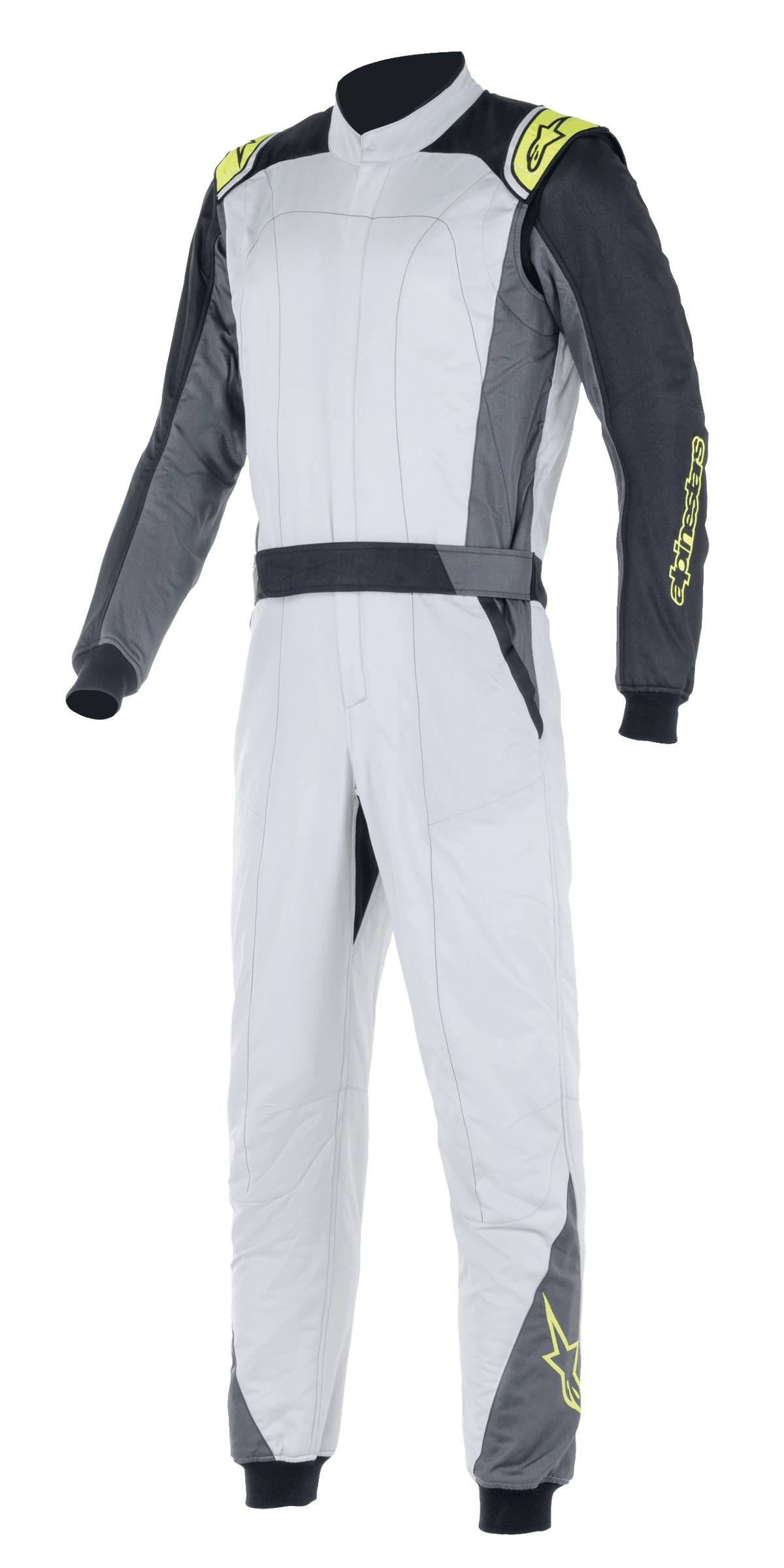 Alpinestars Atom FIA Suit, Auto Racing Suit, Silver and Anthracite with Yellow Fluo accents, one-piece design featuring a high collar and elasticized cuffs, professional protective apparel for automotive racing