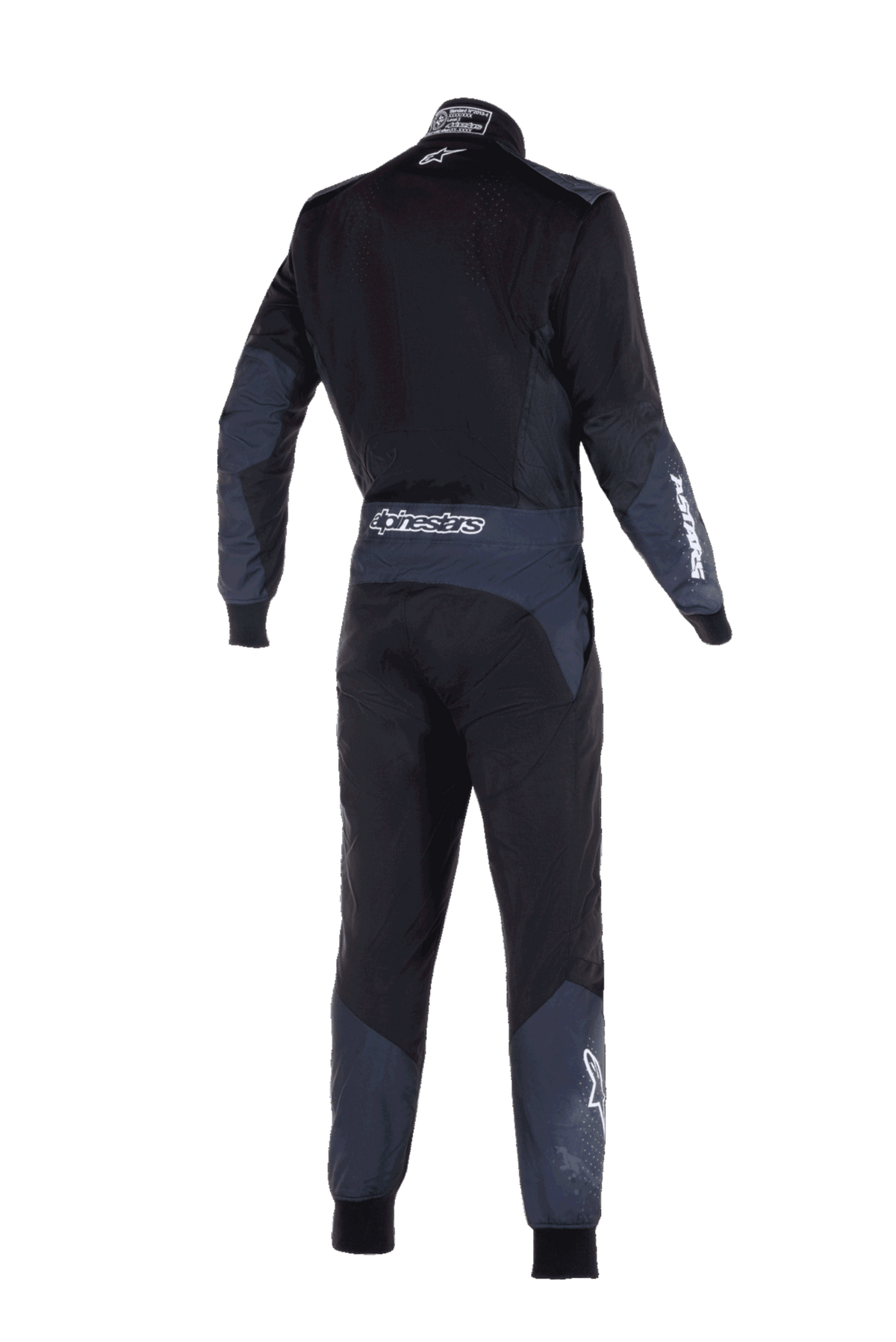 Alpinestars KMX-5 V3 dragt, kartingdragt, sort og Dark Shadow, set bagfra med hvidt Alpinestars-logo på taljen og ærmet, mørkegrå tekniske paneler på arme og ben, strømlinet performance-design.