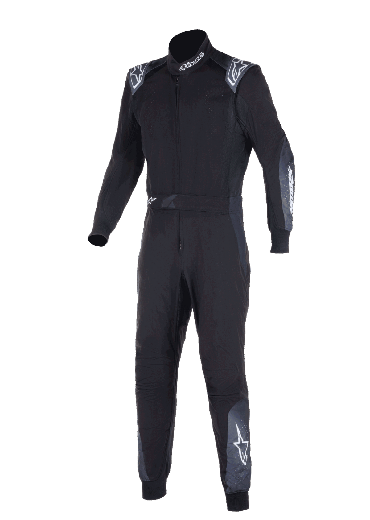 Alpinestars KMX-5 V3 dragt, kartingdragt, sort og Dark Shadow, heldragt til racing med hvidt Alpinestars-logo på skuldre, hals og ben, teknisk dobbeltlagskonstruktion til professionel karting.