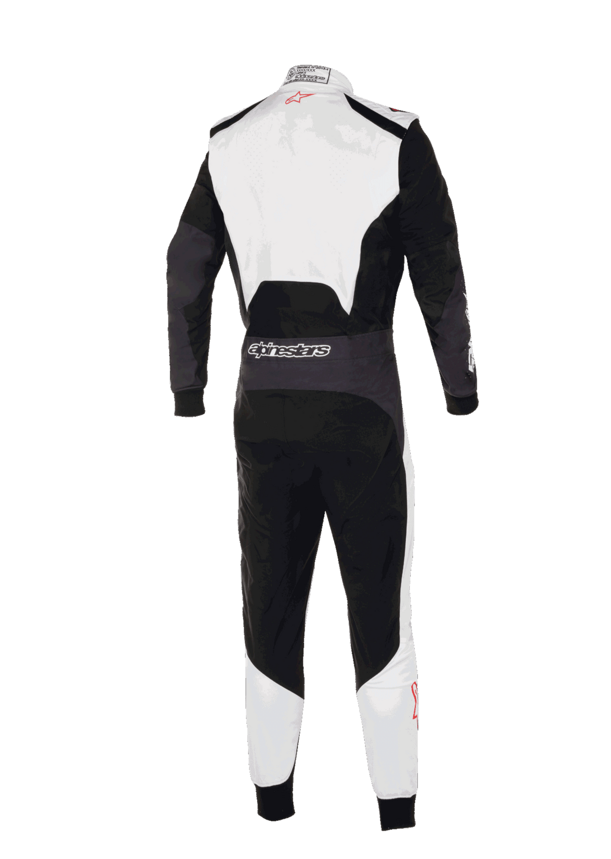 Alpinestars KMX-5 V3 Suit, professionel kartingdragt set bagfra, hvid, sort og klar rød, med hvid øvre ryg og underben og sorte hovedpaneler, Alpinestars-branding på lænden, ergonomisk design til konkurrenceløb.