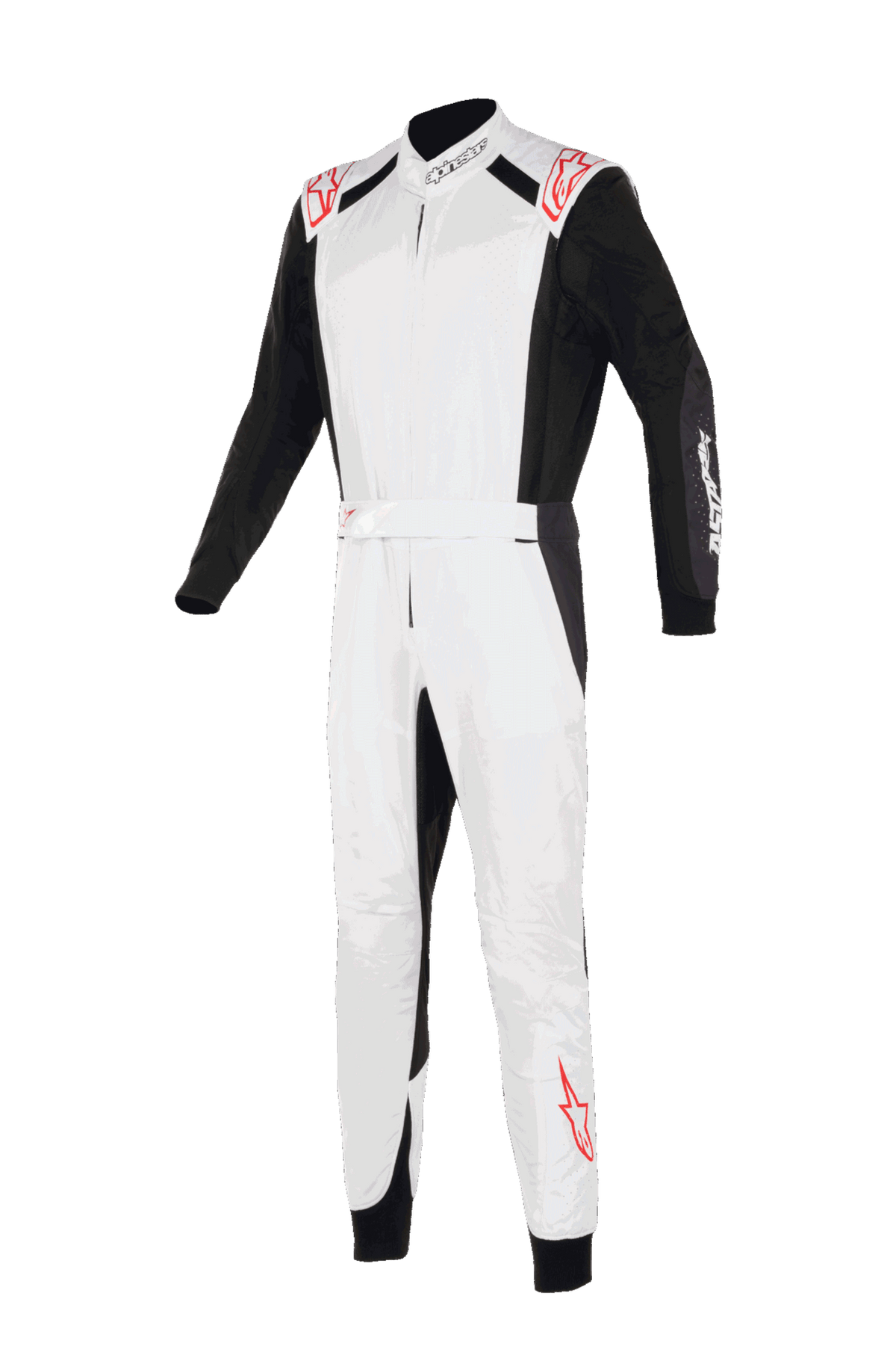 Alpinestars KMX-5 V3-dragt, kartingdragt, hvid, sort og stærk rød, set forfra, hvidt bryst og ben med sorte ærmer og sidepaneler, røde stjernelogoer på skuldre og underben, professionelt racerdesign til karting