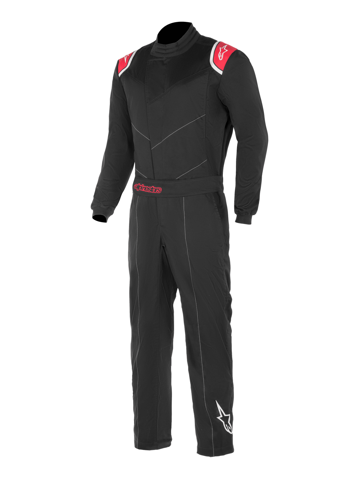 Alpinestars Kart Indoor Suit, Black and Red karting racing suit, featuring red shoulder panels with white star logos, adjustable waist belt with red Alpinestars branding, and white star logo on the lower left leg.