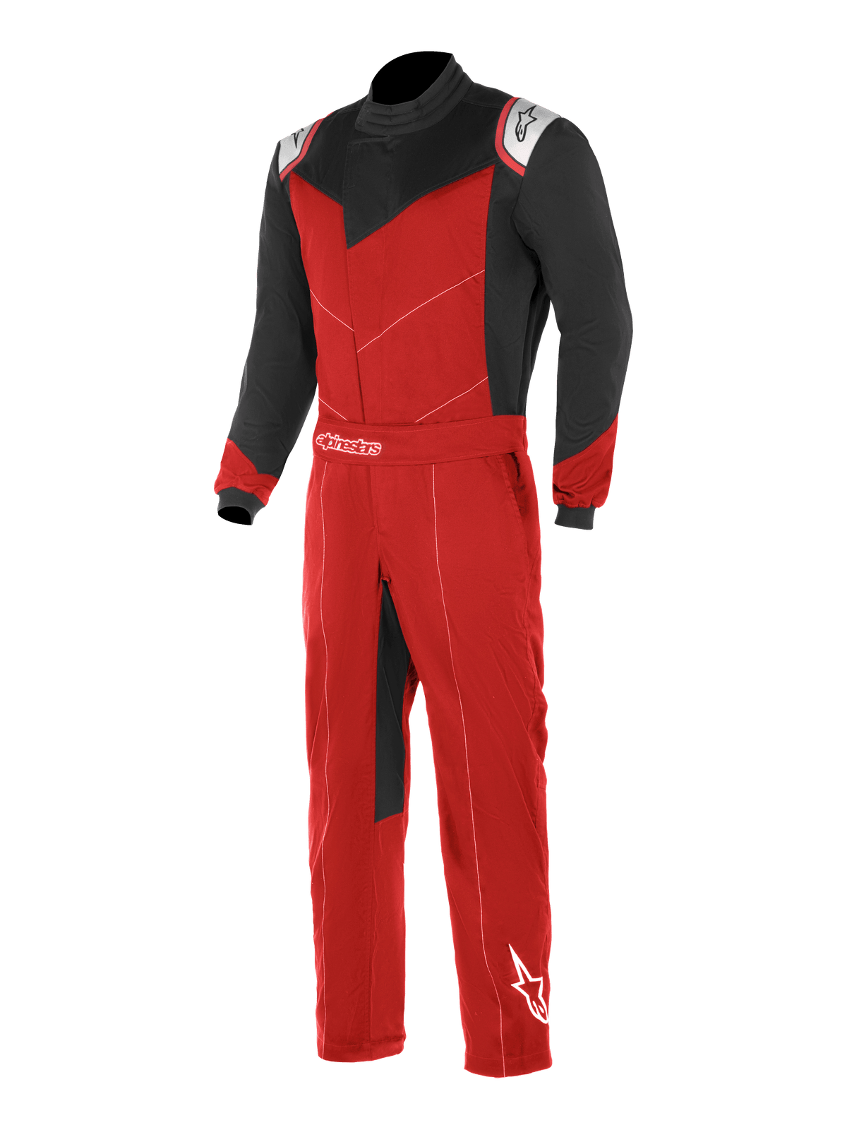 Alpinestars Kart Indoor Suit, karting racerdragt, rød og sort med hvide detaljer, sorte ærmer og øvre brystpaneler, rød torso og ben, med asymmetrisk frontåbning og justerbart taljebælte