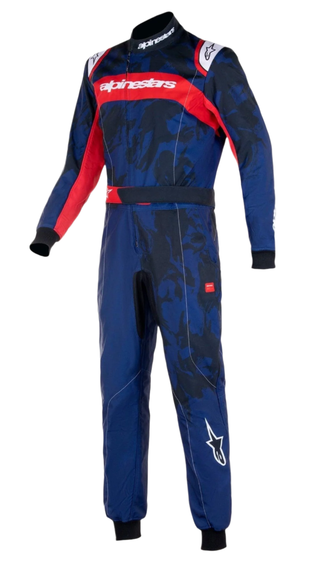 Alpinestars Youth KMX-9 V3 Suit Graphic 5, kartingdragt, mørkeblå og rød, med camo-inspireret grafisk mønster, rød bryststribe med hvidt Alpinestars-logo og sorte strikkede manchetter
