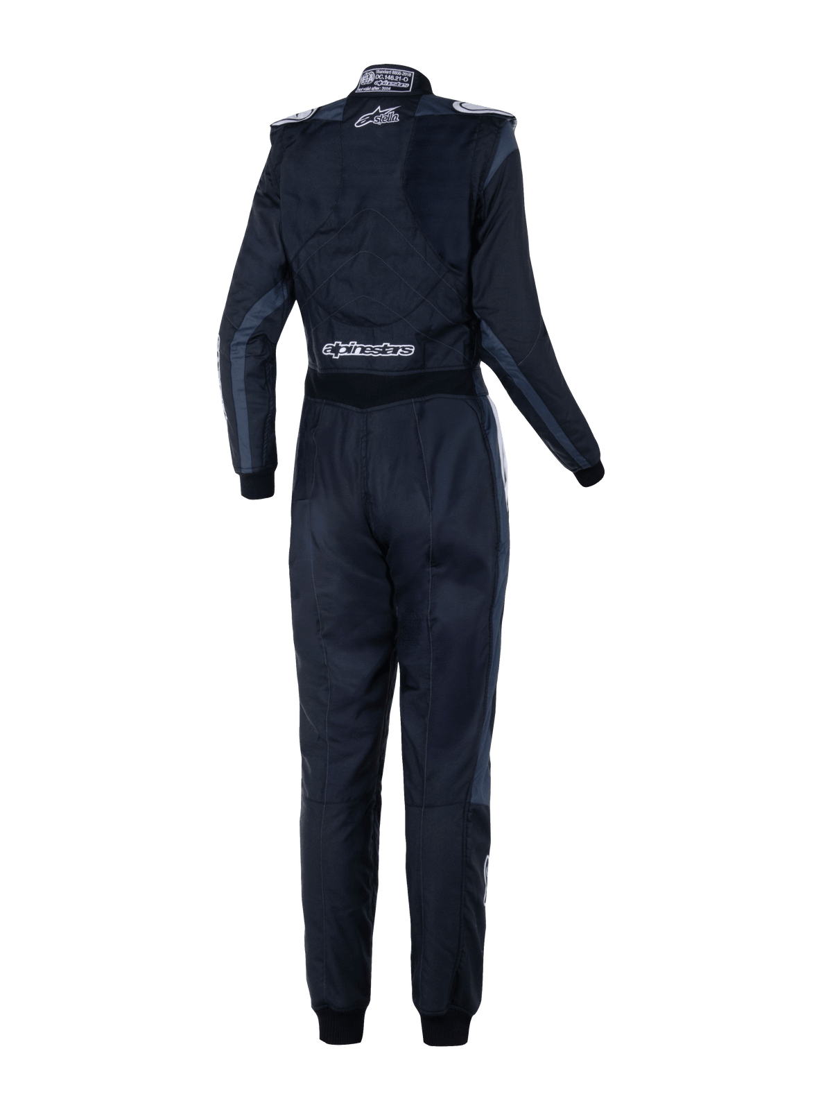 Alpinestars Stella GP Pro Comp V2 køredragt til kvinder - FIA, set bagfra, Black Asphalt og hvid, med hvide Stella- og Alpinestars-logoer, professionel racerdragt med skulderepauletter og anatomisk paneludformning til kvinder.