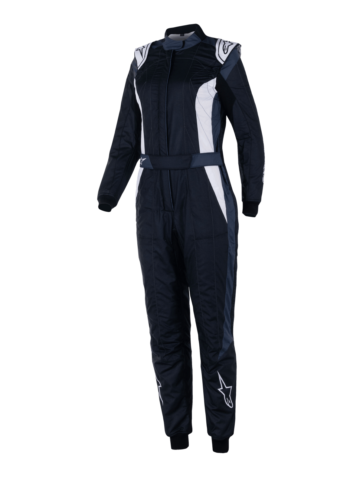 Alpinestars Stella GP Pro Comp V2 dragt, FIA-racerdragt til damer, sort asfalt og hvid, lange ærmer med høj krave, hvide logoer på skuldre og skinneben, justerbart bælte i taljen, elastiske manchetter, aerodynamisk design til professionel motorsport