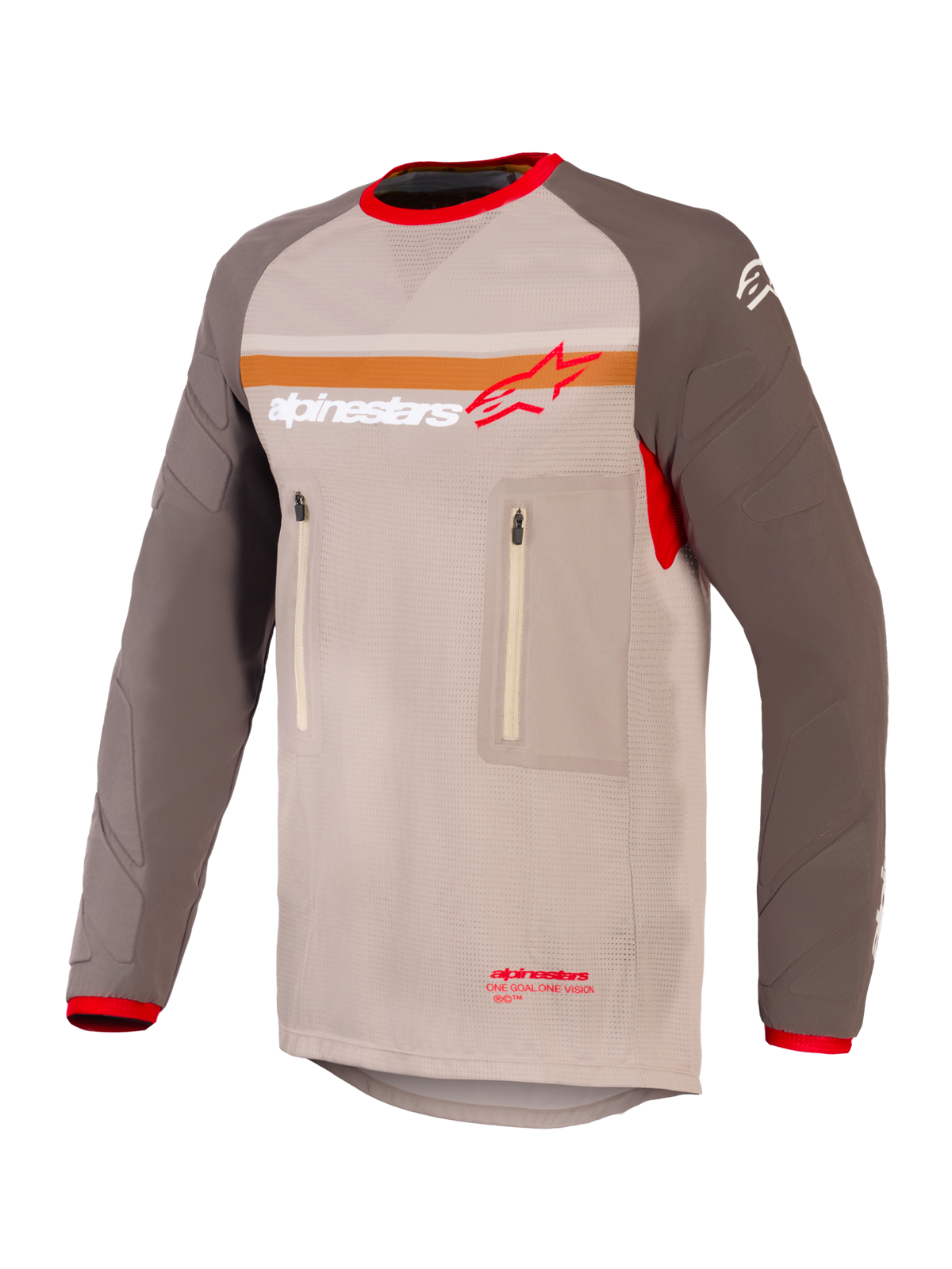 Alpinestars Maxdura Dual Jersey, Adventure and Dual-Sport Motorcycle Jersey, Aluminum Walnut and Brown, mesh torso with abrasion-resistant sleeves, dual zippered chest pockets, orange stripe and Alpinestars logo on chest, red trim on collar and cuffs