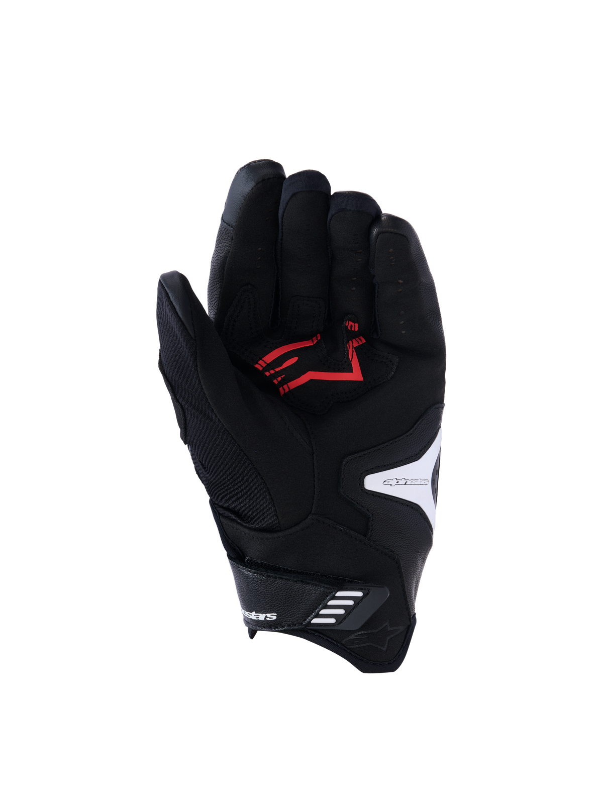 Alpinestars SP-R Pro Gloves, Palm View, Black White and Bright Red, featuring reinforced synthetic leather palm with red logo, perforated leather fingers, and white logo accents, designed for sport motorcycle riding
