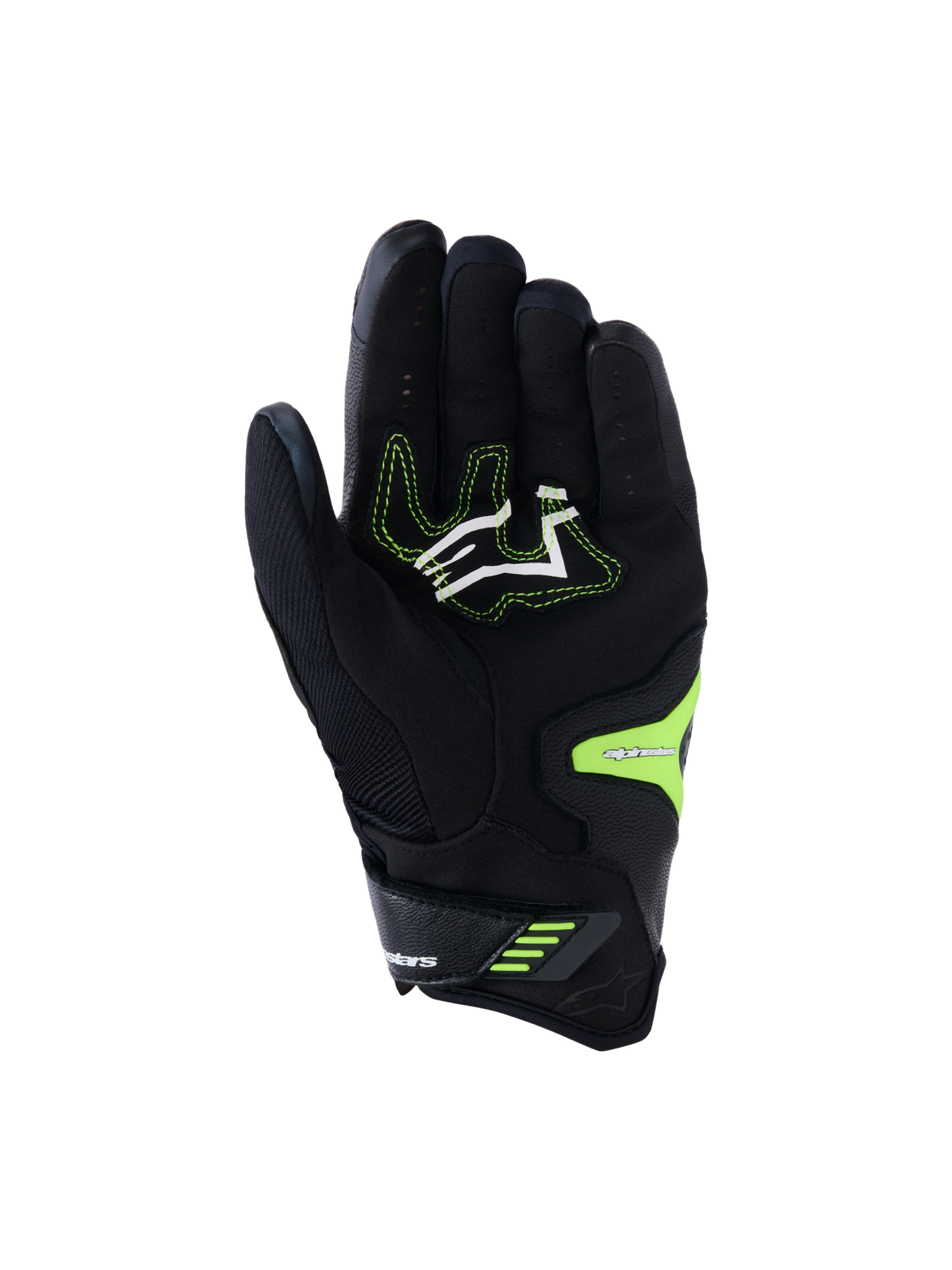Alpinestars SP-R Pro handsker, sort og gul fluo, set fra håndfladen med forstærkede grebszoner i syntetisk læder, hvidt logo med neon-gule syninger og sikker håndledslukning, designet til sportslig motorcykelkørsel