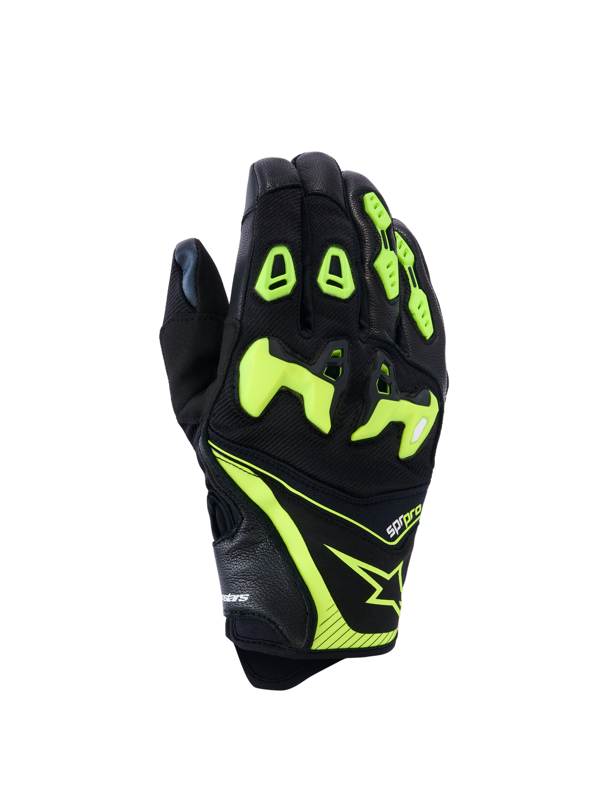 Alpinestars SP-R Pro handsker, motorcykelracinghandsker, sort og neongul, med opdelt TPU-knobeskyttelse, perforeret læder- og tekstilkonstruktion, neongule detaljer med Alpinestars-logo og sp-r pro-branding på manchetten