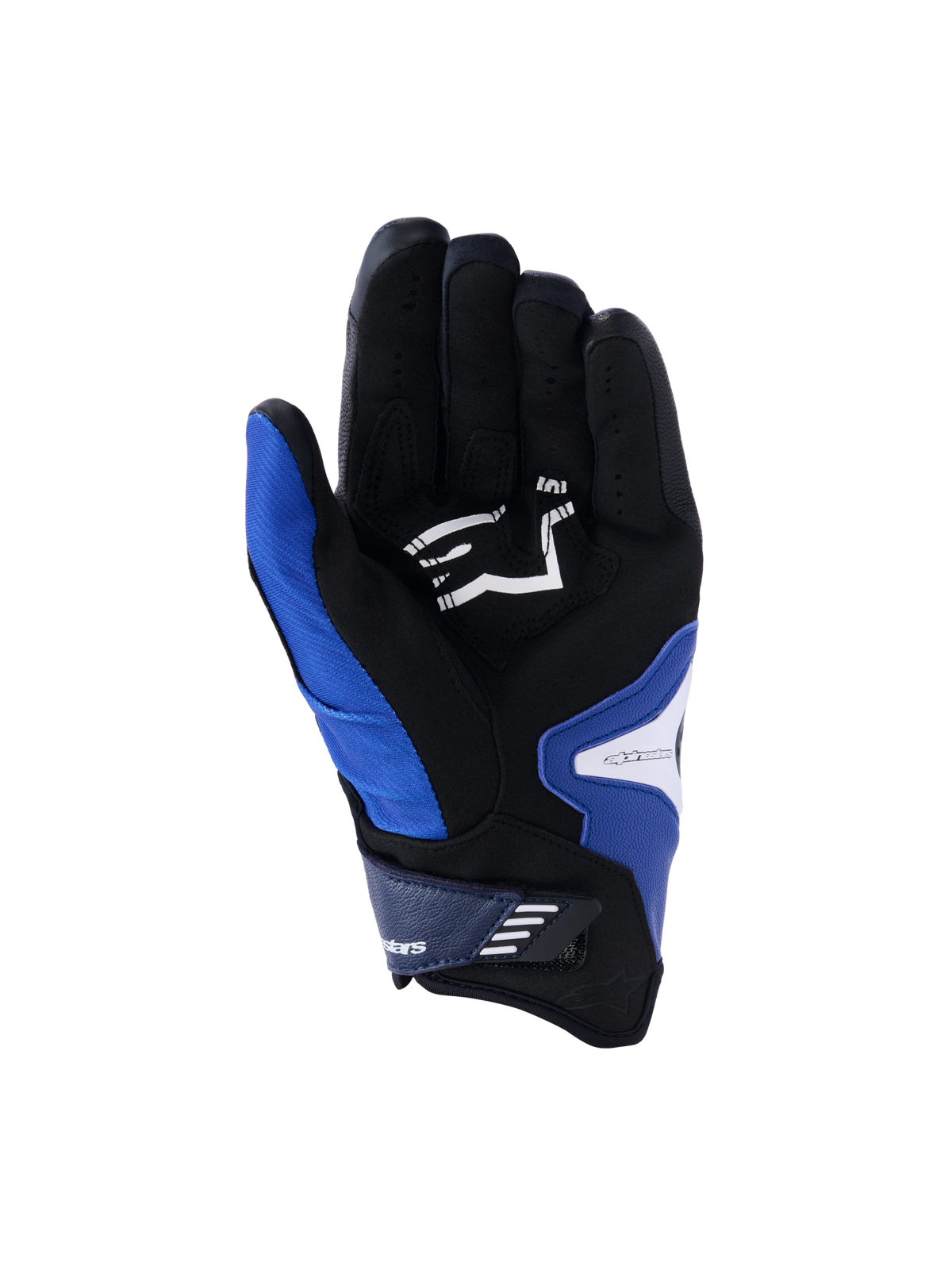 Alpinestars SP-R Pro handsker, set fra håndfladen, Bright Blue Navy og hvid, sort håndflade i syntetisk læder med hvidt Alpinestars-logo, kort manchet med velcrolukning, forstærkede grebszoner.